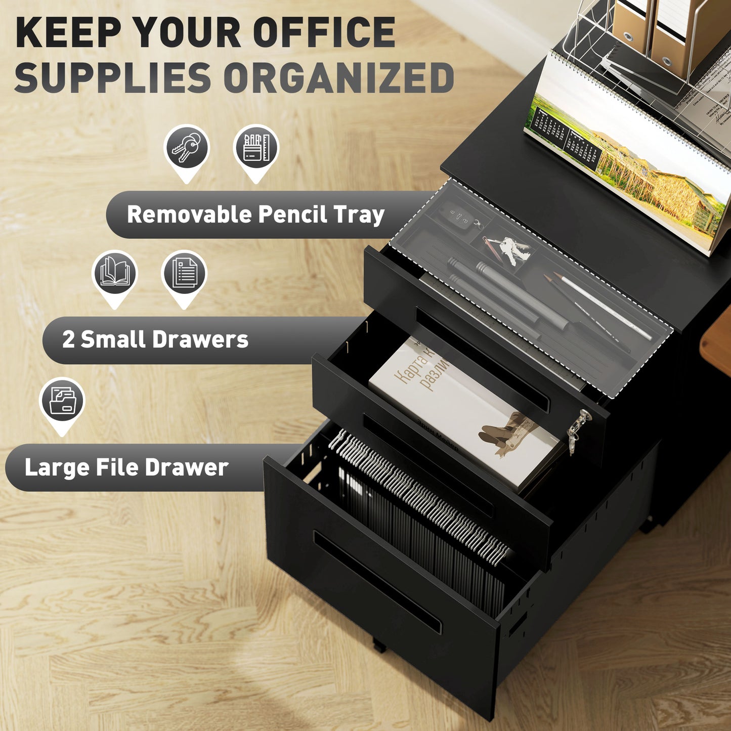 Vinsetto Metal Mobile File Cabinet, Lockable 3 Drawer for A4/Legal/Letter, Pre-Assembled Under Desk Storage, 39x48x60cm, Black