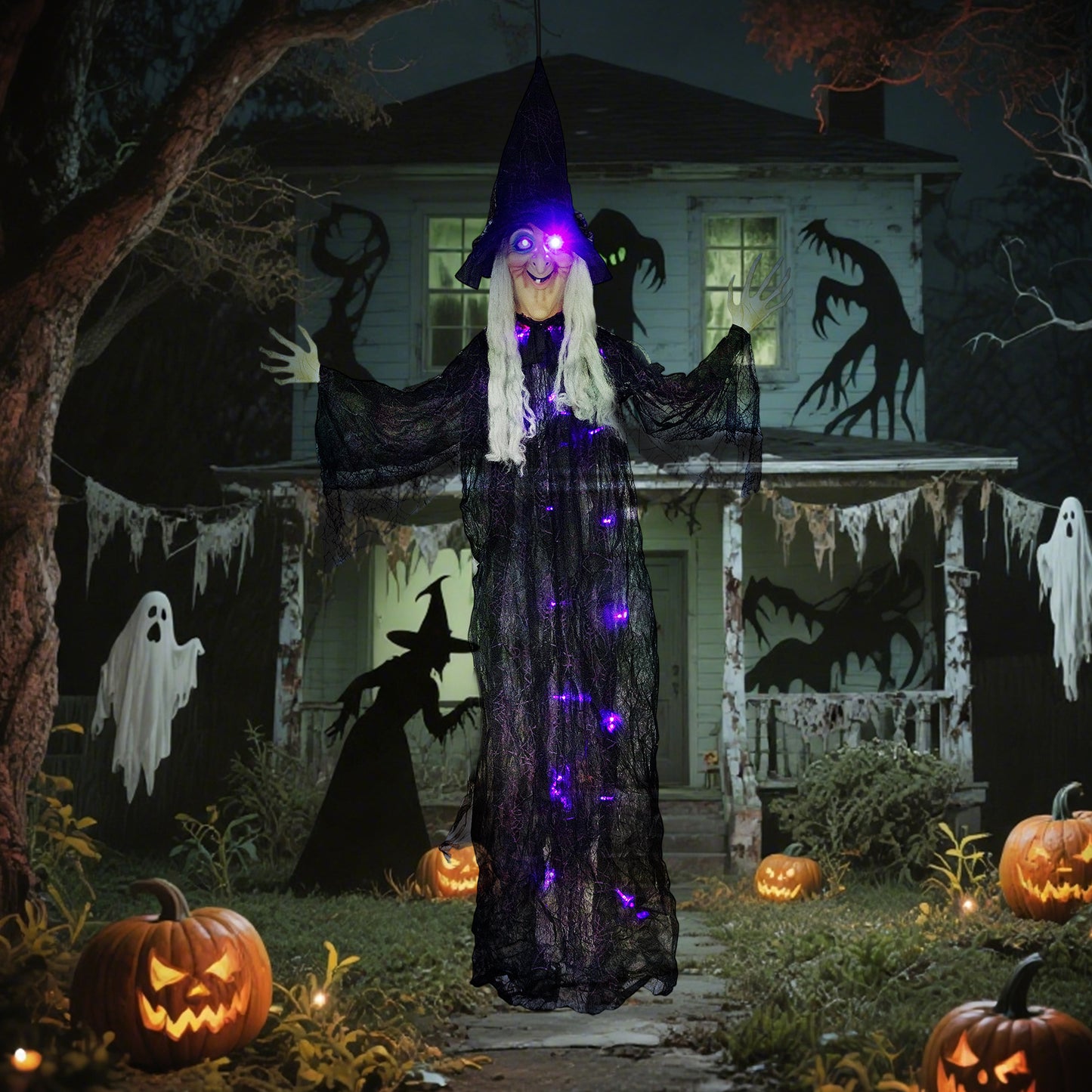 Outsunny 183 cm Life Size Halloween Animated Hanging Witch with Glowing LED Eyes & Body, Battery Operated Indoor Party Props, Spooky Decorations