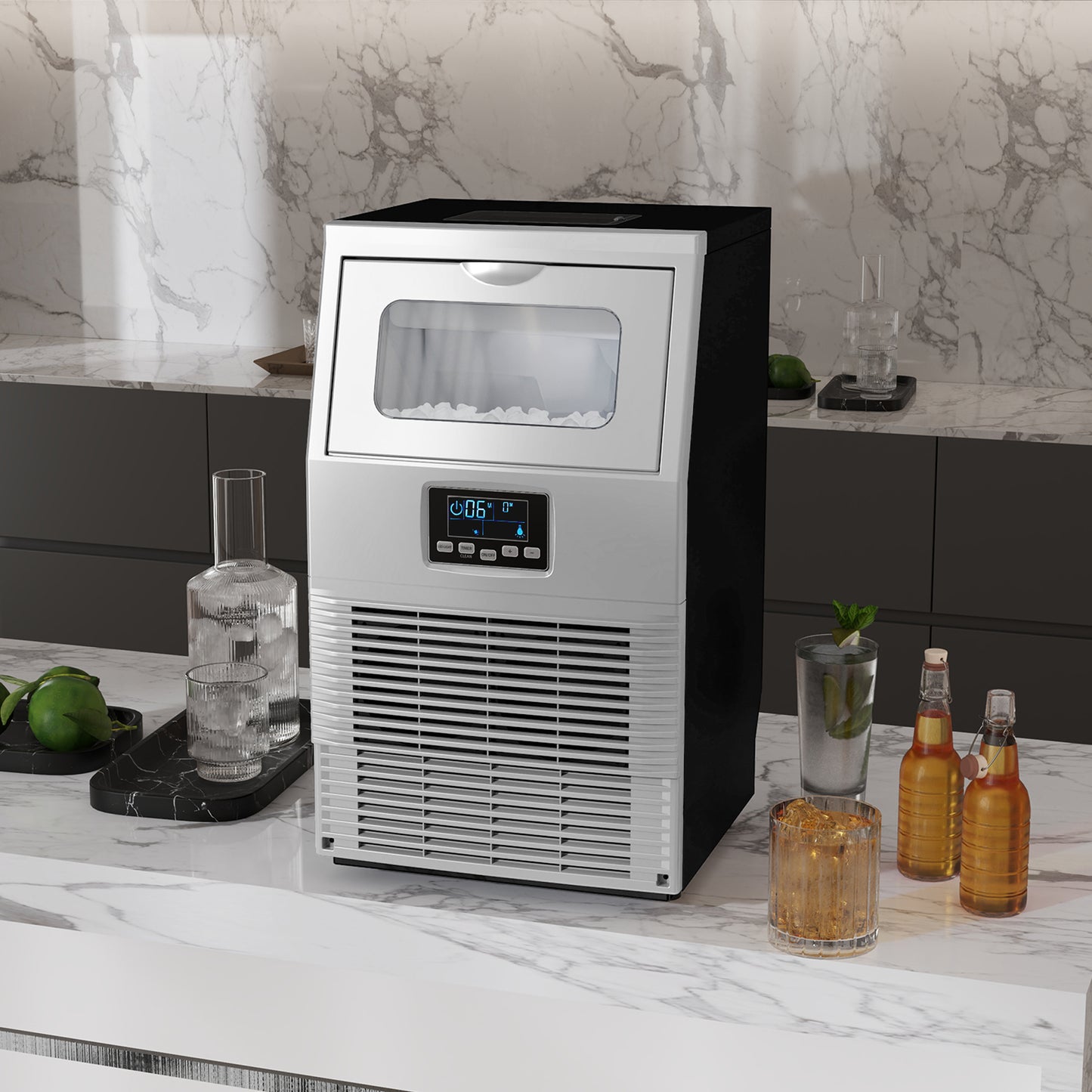 HOMCOM Commercial Ice Maker, Freestanding Industrial Ice Cube Machine, Digital Control, Self-cleaning, 4kg Storage, 30kg/24h for Home, Office, Bar - Silver