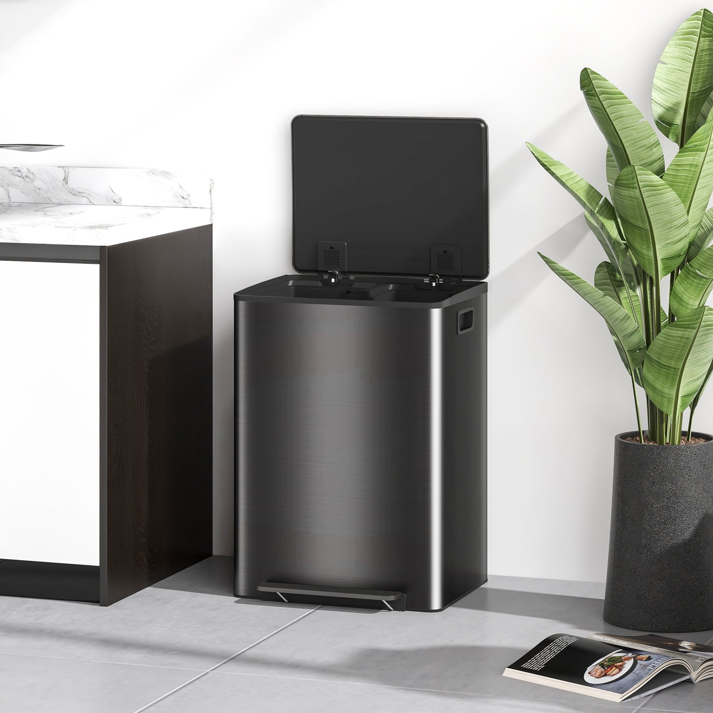 HOMCOM 2x30L Dual Kitchen Bin, Stainless Steel, Soft-Close, Removable Buckets, Black