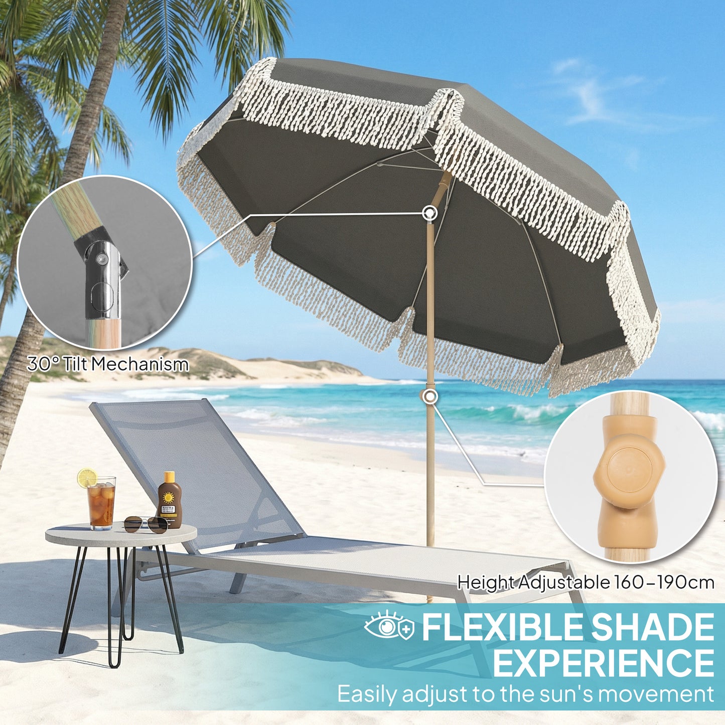 Outsunny 1.7 m Beach Umbrella with Sand Anchor, 30° Tilting Beach Garden Parasol with Adjustable Height, Grey