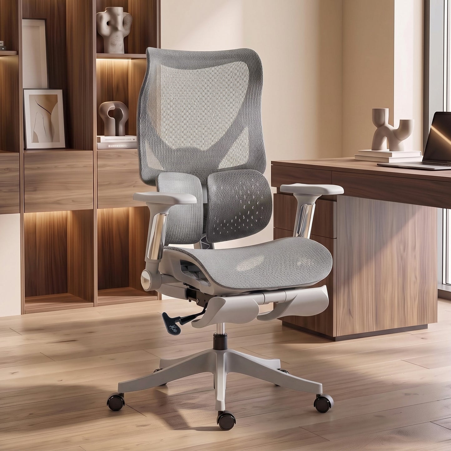 HOMCOM Ergonomic Office Chair with Lumbar Support, Mesh Reclining Desk Chair with Footrest, Adjustable High Back, Grey