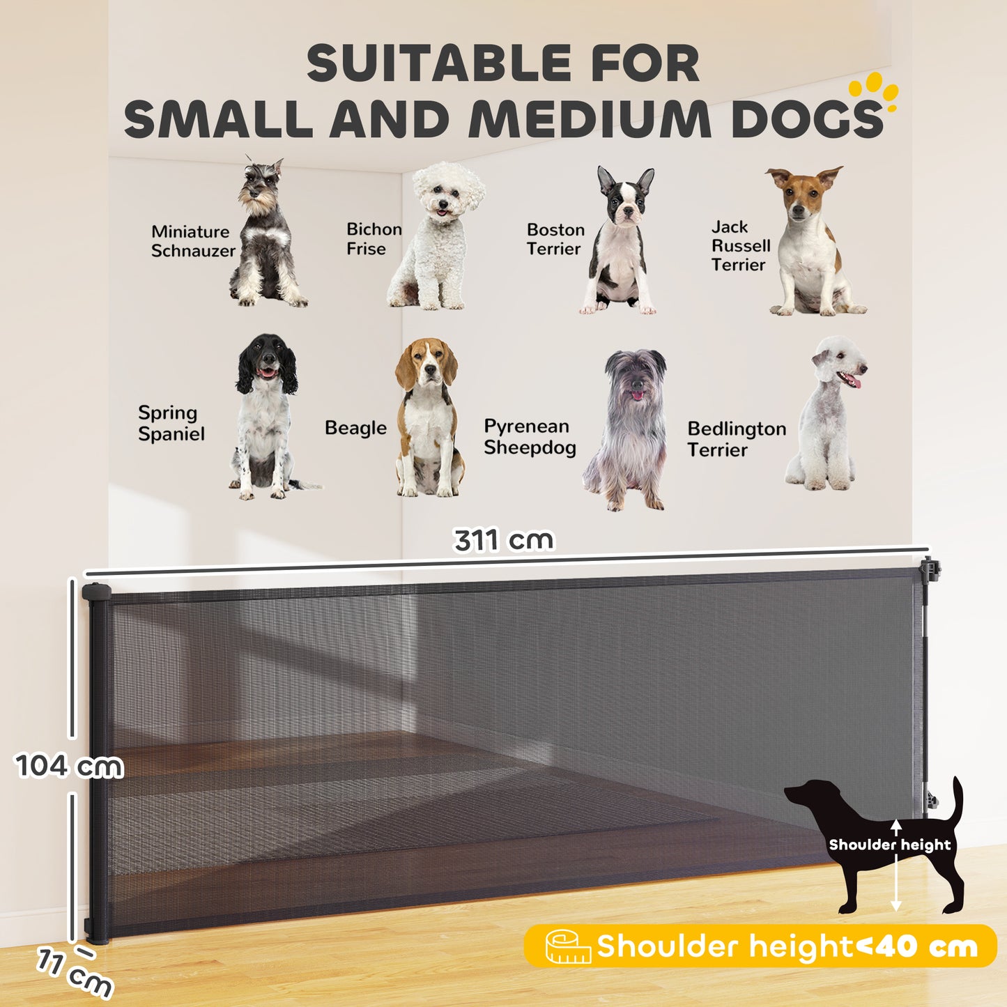 PawHut Retractable Dog Gate, Extends to 300 cm Wide & 104 cm Tall, Mesh Pet Gate Single Hand Operation, for Stairs Doorways