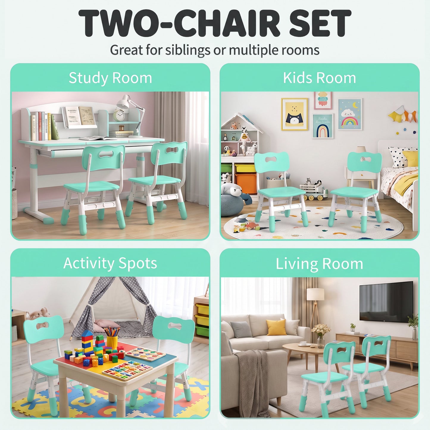 AIYAPLAY 2 PCS Kids Desk Chairs, 3 Level Height Adjustable Children's Chairs with Backrest for 1.5-8 Years, Max Load 50KG, Green