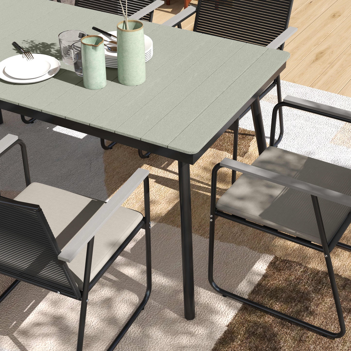 Outsunny 6 Seater Garden Dining Set, Soft Cushions, Rattan Backrest, Rectangular Plastic Top, Outdoor Furniture for Patio, Balcony, Poolside, Grey