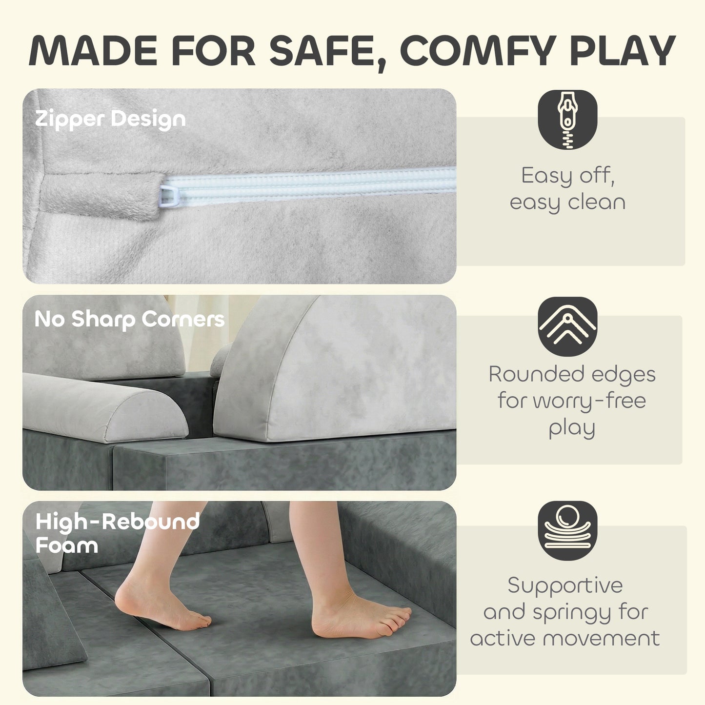 AIYAPLAY Kids Play Sofa, 12 Pieces Foam Modular Soft Play Set for Playroom, Children Convertible Sofa for Boys and Girls, Grey