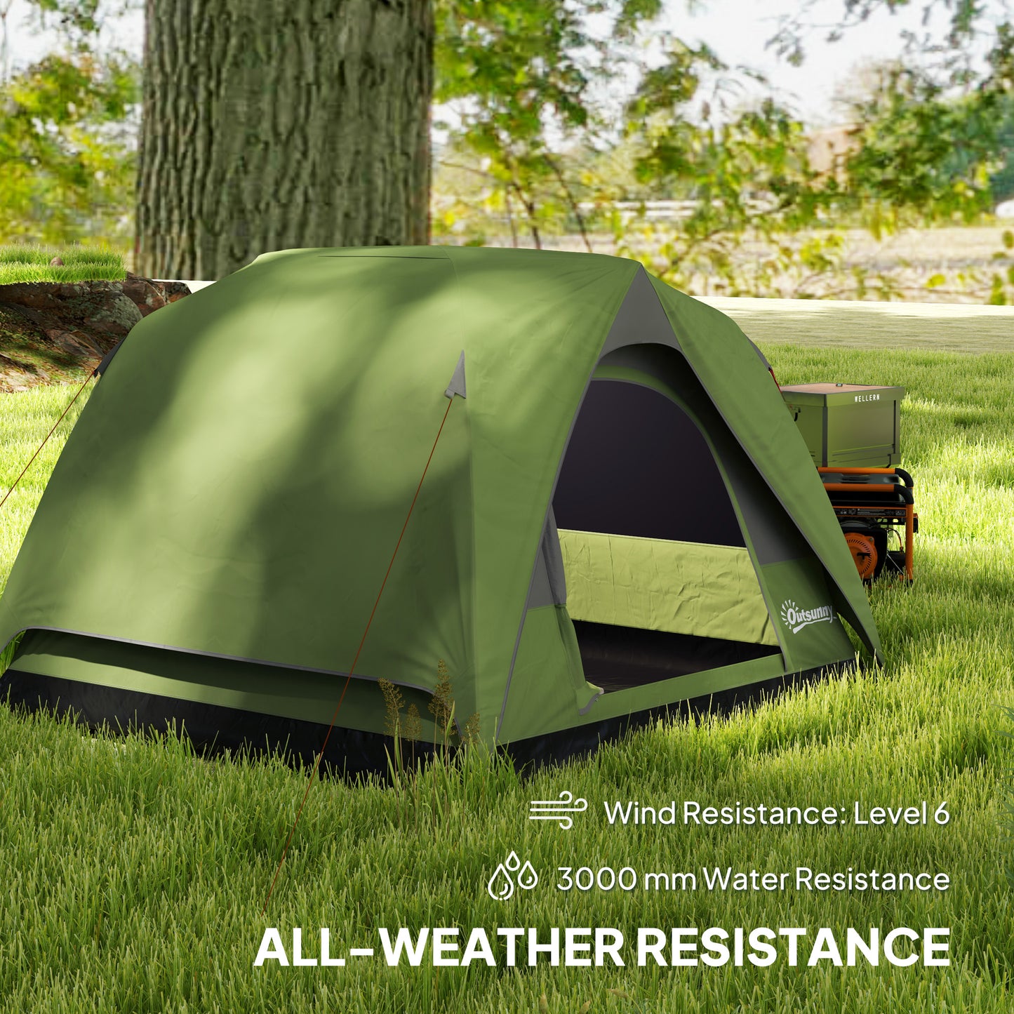 Outsunny 3-4 Person Camping Tent, Easy Set Up, Waterproof Dome, Sewn-in Groundsheet, Mesh Windows, Pocket & Hook for Camping, Olive Green/Grey