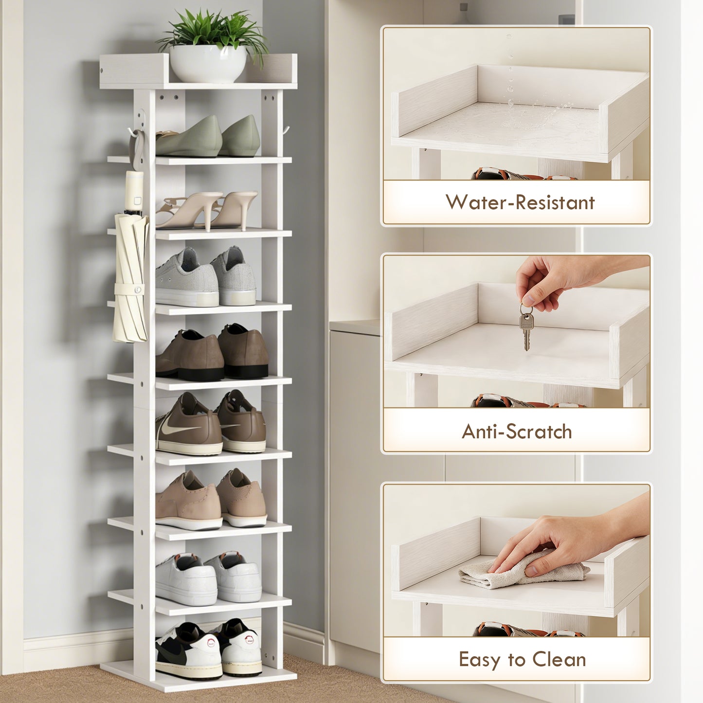 HOMCOM Shoe Rack 9-Tier Shoe Storage Organiser Top Tray Guardrail 2 Hooks 30 x 30 x 128.4 cm White
