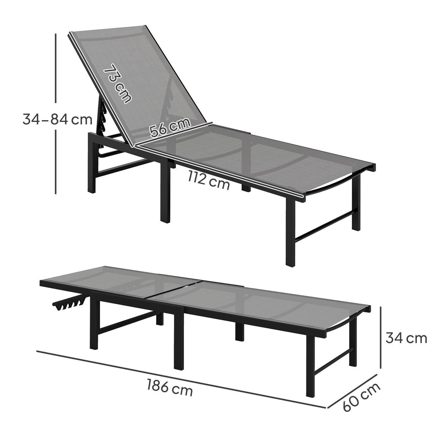 Outsunny Sun Lounger, 5-Level Adjustable Reclining Chair, Flat Garden Sunbed, Texteline Seat, Steel Frame for Patio, Beach, Grey