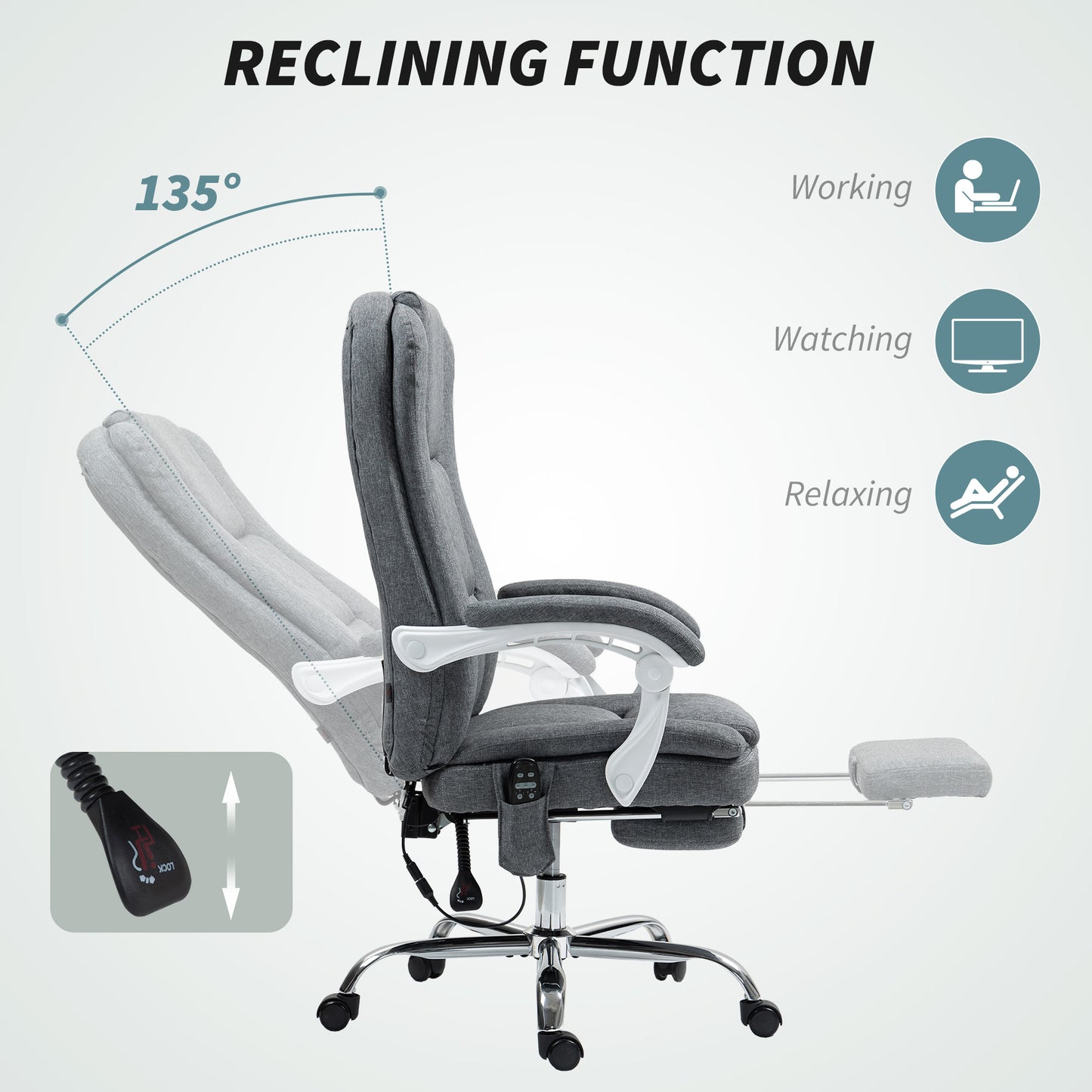 HOMCOM Executive Office Chair with 8-point Massage & Heat, Reclining Backrest, Height Adjustable, Swivel Wheels, Footrest, Remote, Grey
