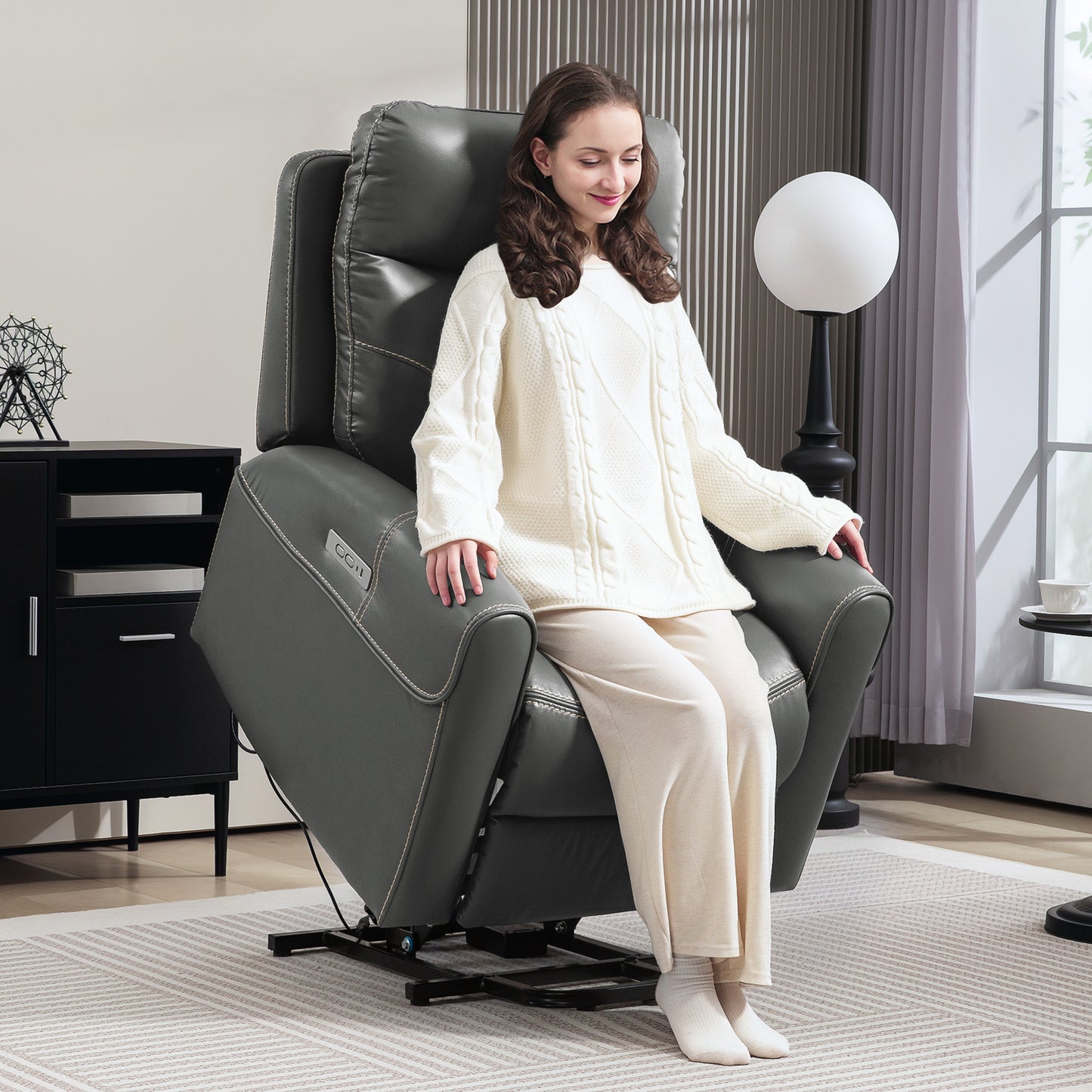 HOMCOM Power Lift Recliner Chair, Overstuffed Faux Leather with USB A+C Ports, Remote Control for Living Room, Charcoal Grey