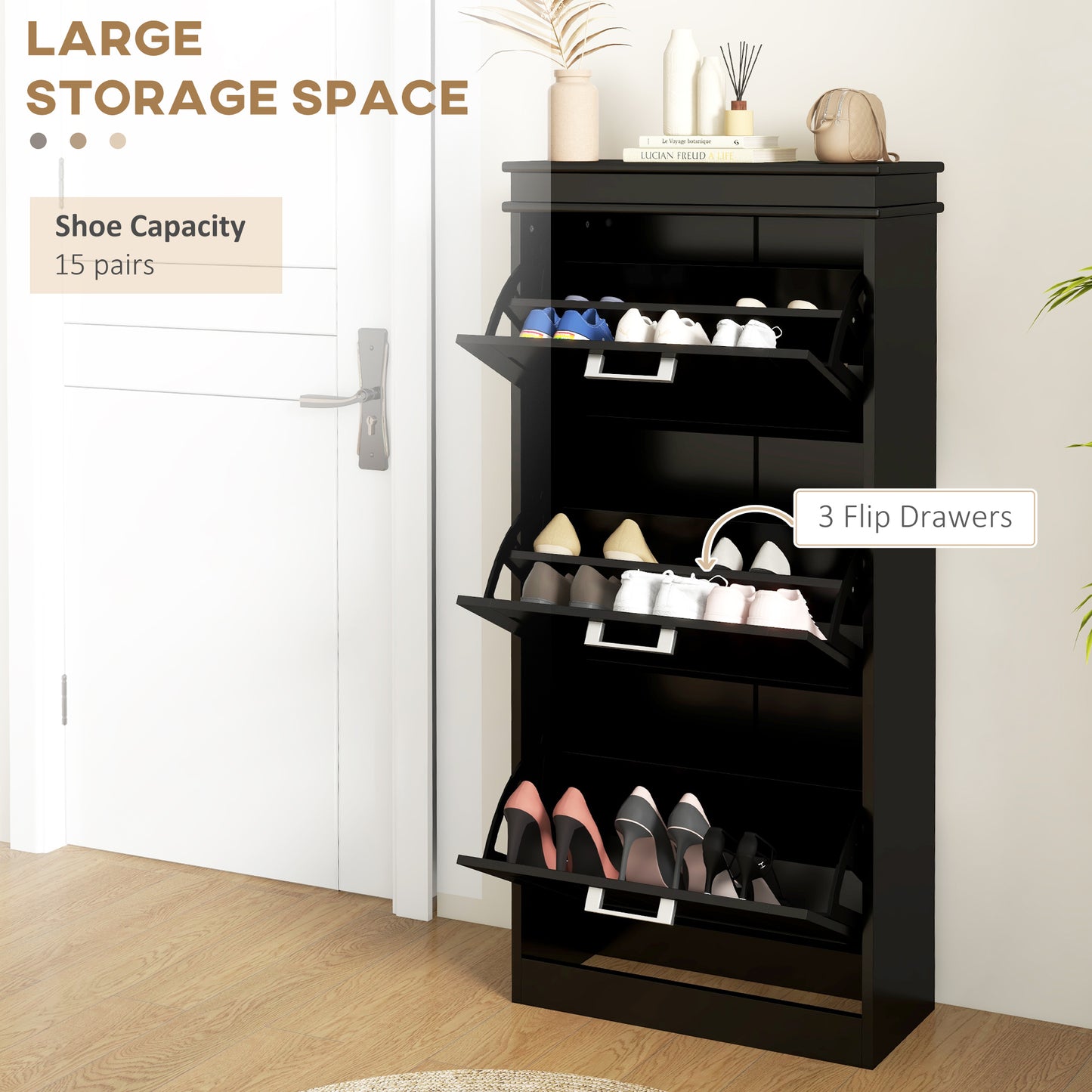 HOMCOM Three-Drawer Minimalistic Shoe Cabinet - Black