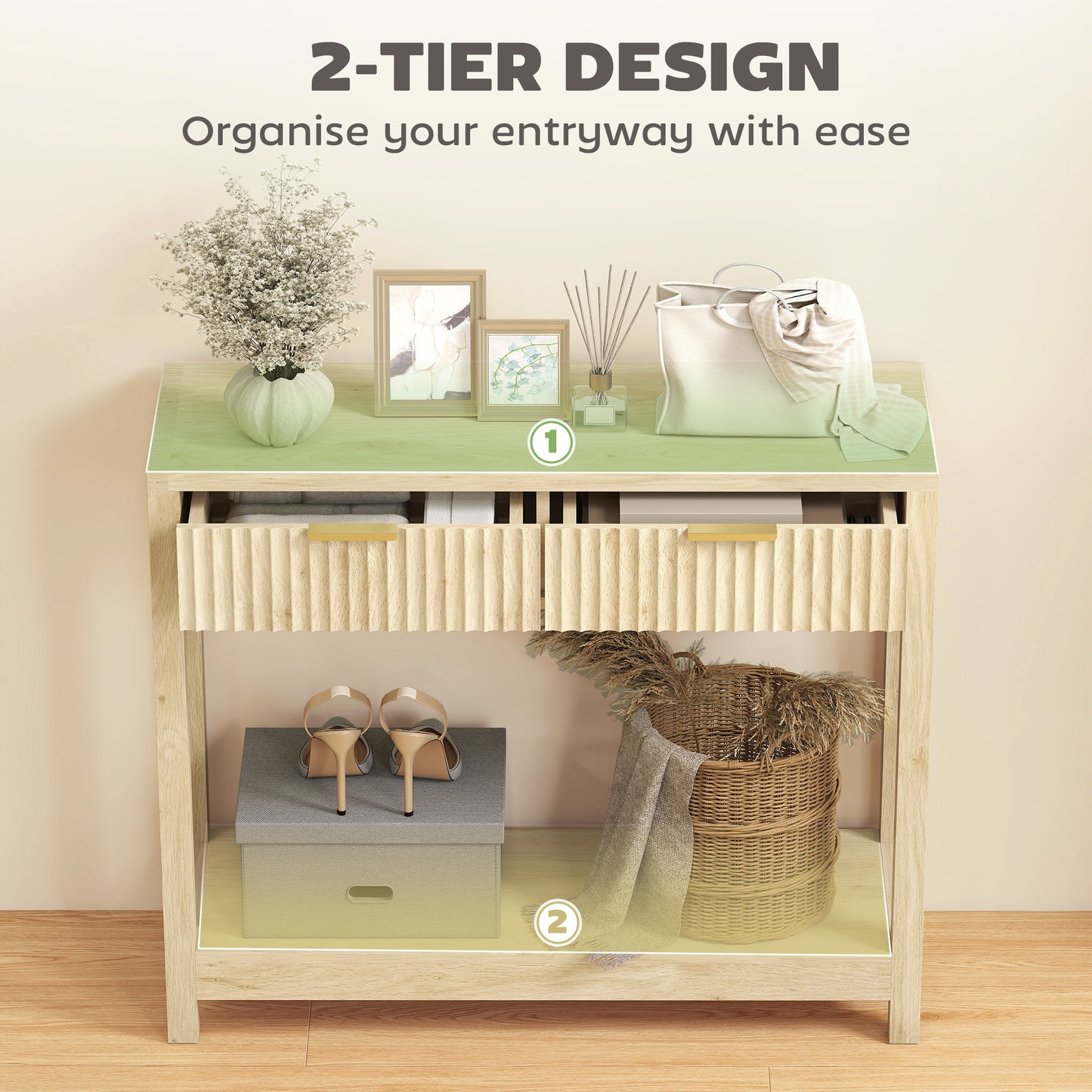 HOMCOM Modern Console Table with Fluted Drawers, Shelf for Entryway or Living Room, 90x30x76 cm, Natural Wood Finish