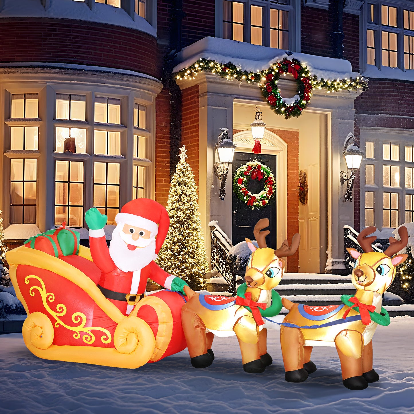 Outsunny Inflatable Santa on Sleigh with Two Reindeer, LED Lights, Christmas Decoration for Indoor/Outdoor Home, 7.9ft, Red