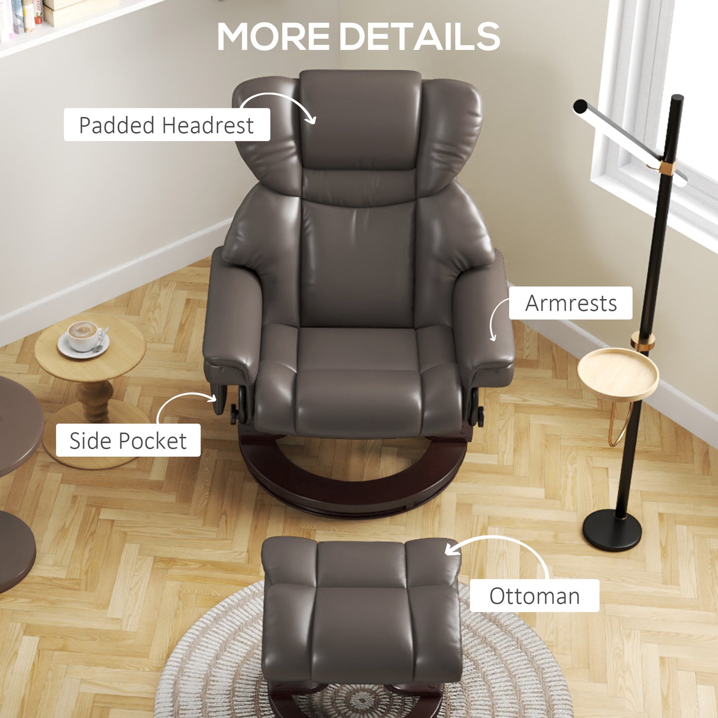 HOMCOM Massage Recliner Chair with Footstool, Upholstered Armchair, Adjustable Backrest, Swivel Steel Frame, Wood Base for Living Room, Brown