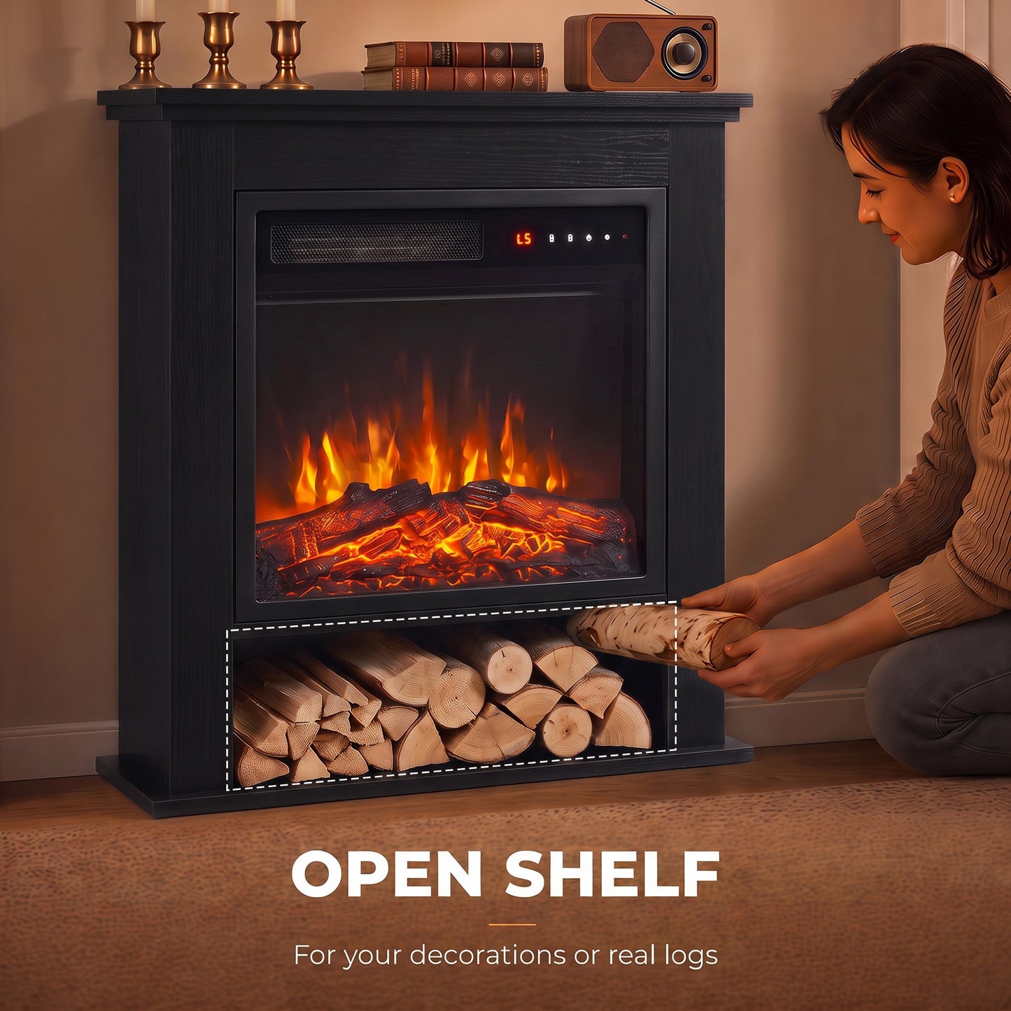 HOMCOM Electric Fireplace Suite with Shelf, 25" 1800W Electric Fire and Surround with LED Flame, 5 Brightness, Remote, Black