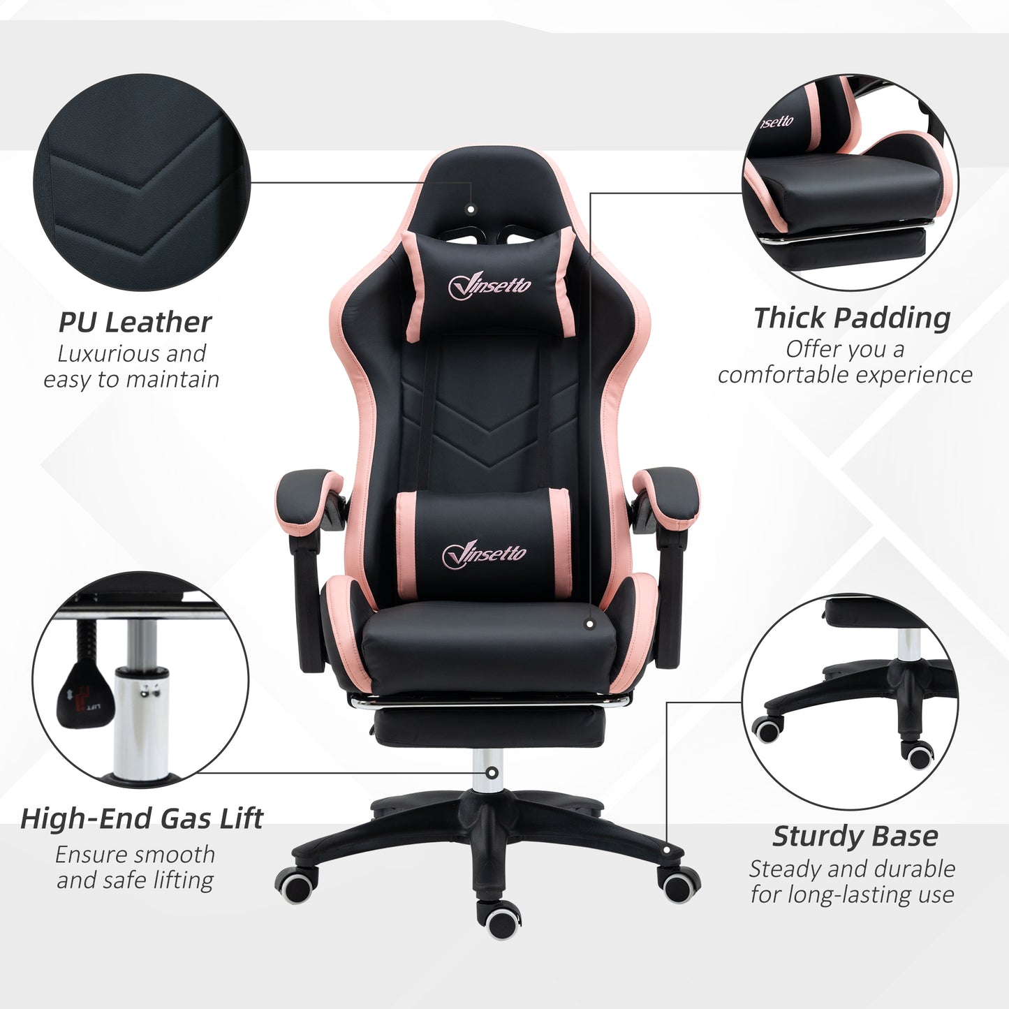 Vinsetto Computer Gaming Chair, PU Leather, Footrest, 135° Recline, Lumbar Support, Swivel Task Chair for Adults, Black and Pink