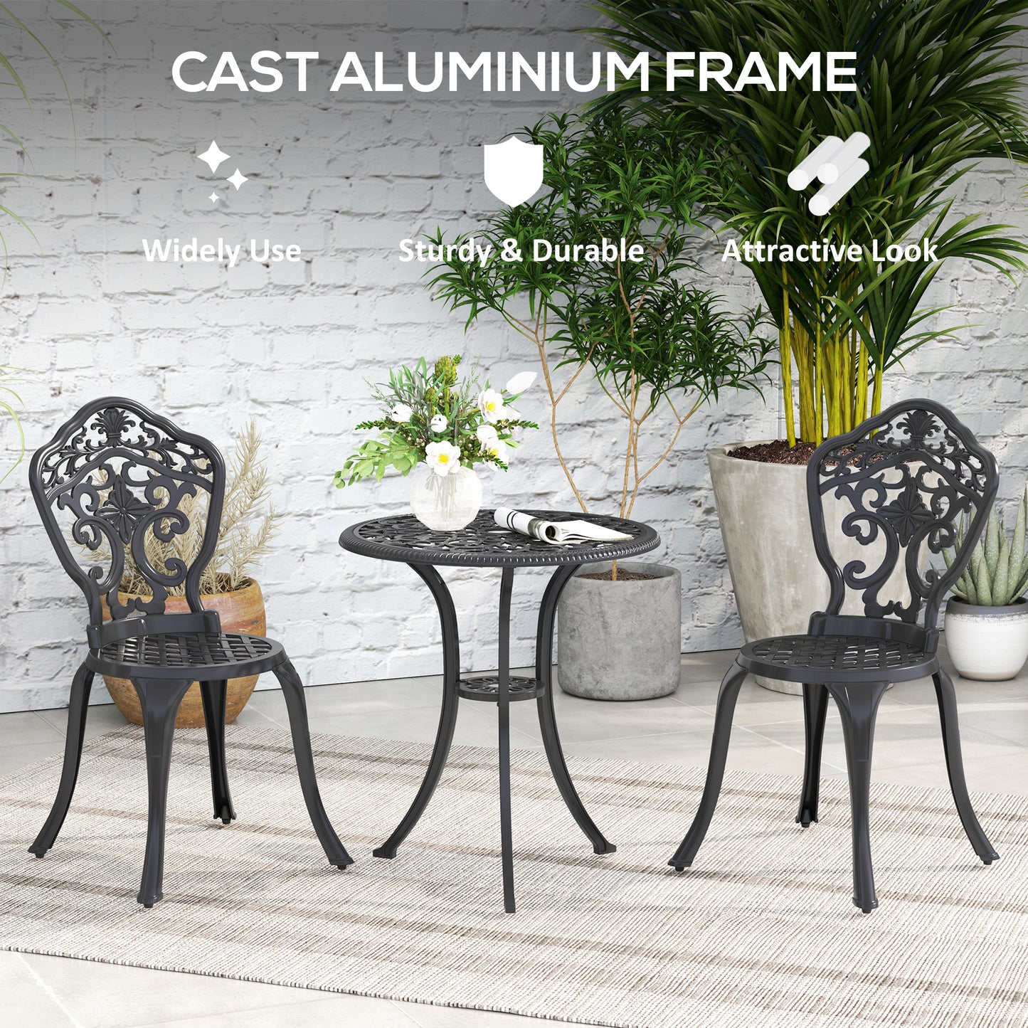 Outsunny 3 Piece Cast Aluminium Bistro Set for 2, Outdoor Table & 2 Chairs with Parasol Hole, Black
