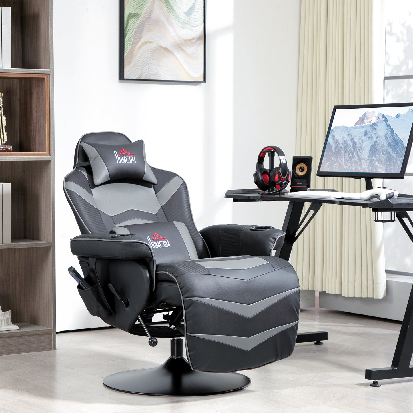 HOMCOM Massage Recliner Chair with Remote, PU Leather Armchair with Cup Holders, Side Pockets, Headrest, 360° Swivel, Lumbar Support, Grey