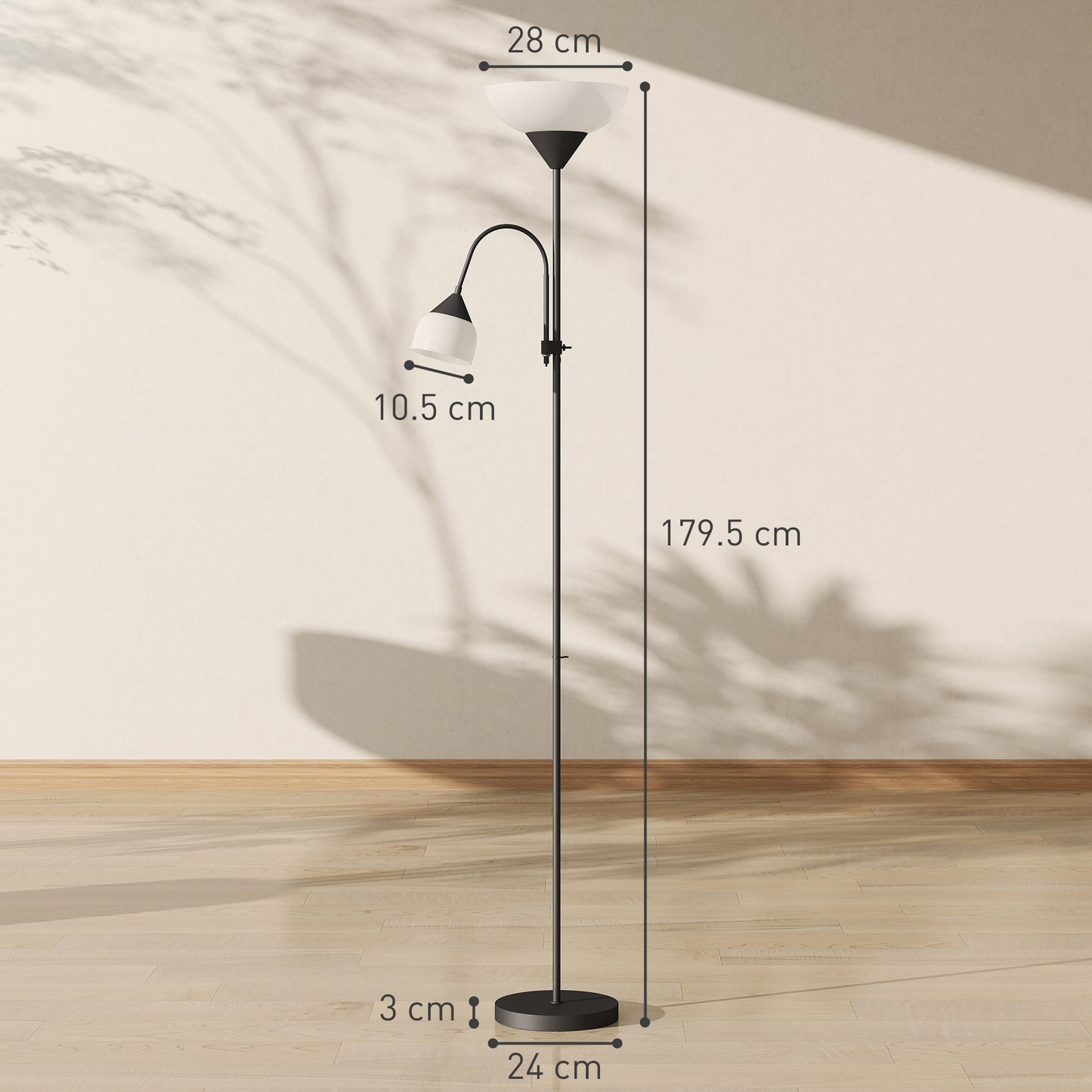 HOMCOM LED Floor Lamp, 180cm Tall Standing with Mother and Child Uplighter, Adjustable Gooseneck, 3 Colour Temps, Black