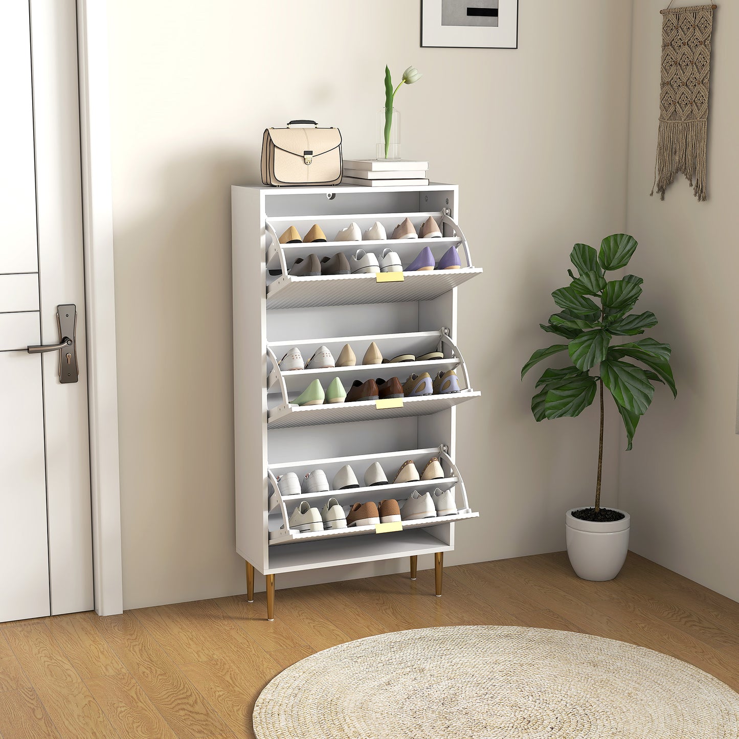 HOMCOM Narrow Shoe Cabinet with 3 Flip Drawers - White