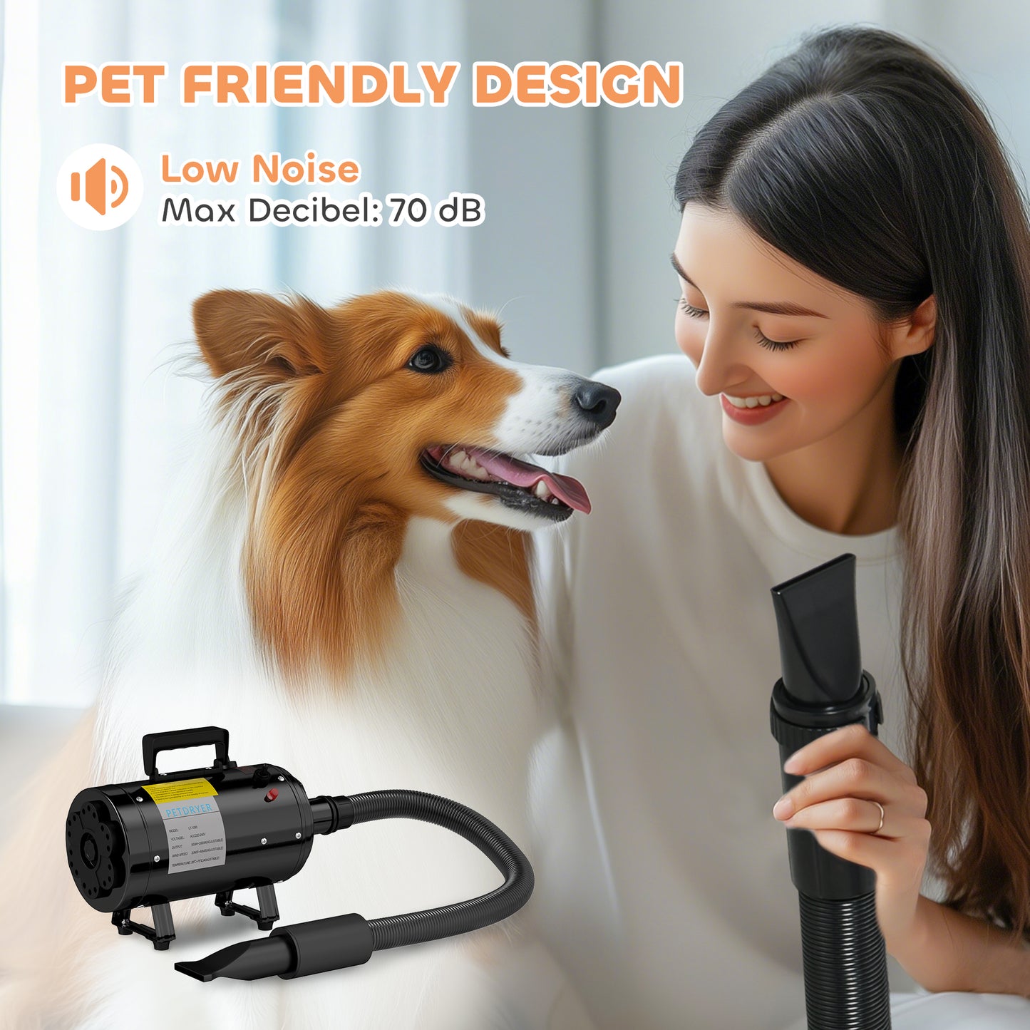 PawHut 2200W Dog Hair Dryer with Adjustable Temperature & Velocity, 3 Different Nozzles, Black