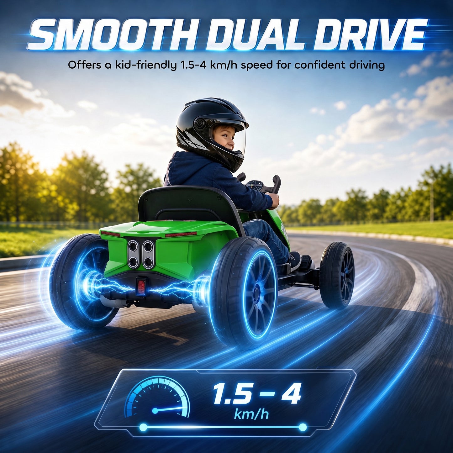 AIYAPLAY 12V Electric Go Kart for Kids with Dual Motors, Adjustable Seat, Soft Start, LED Lights, EVA Wheels, for Age 3-6, Green