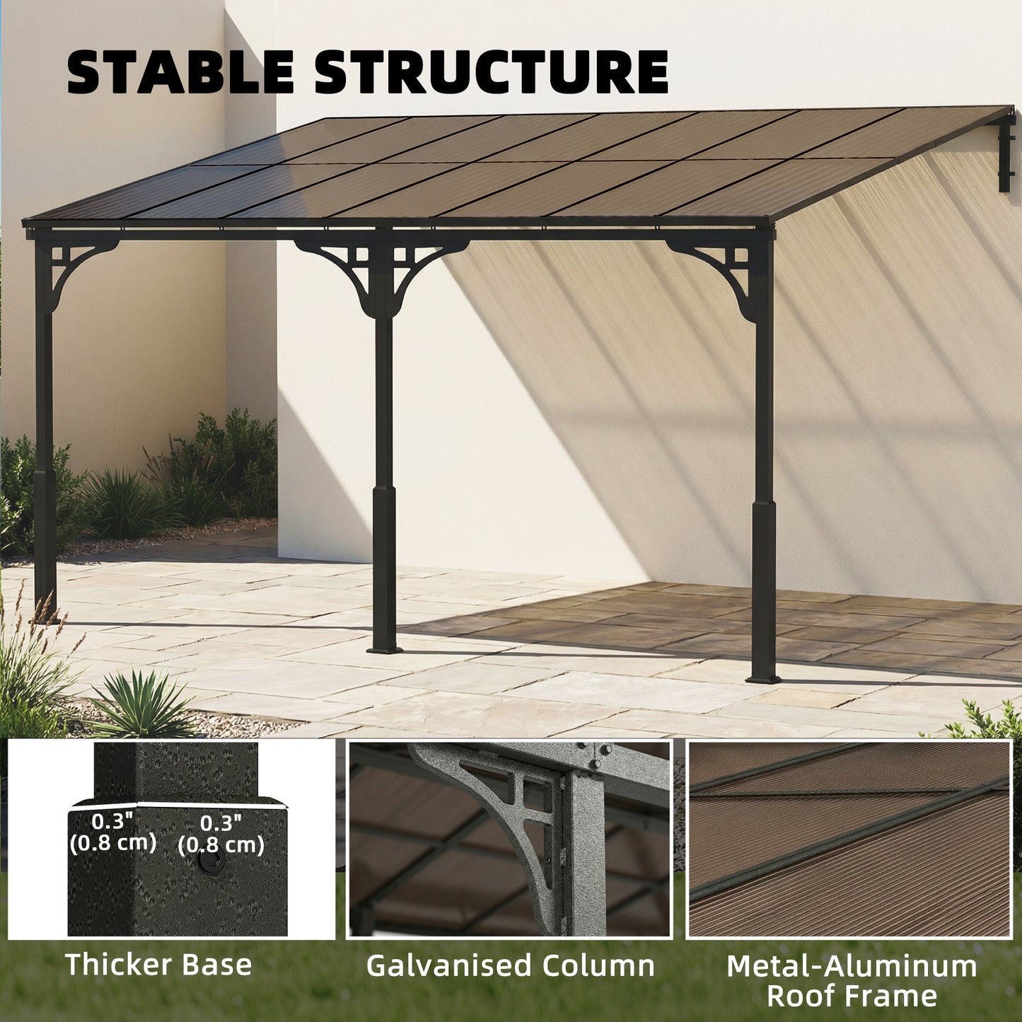 Outsunny 4 x 3 m Metal Lean-to Pergola, Wall-Mounted Garden Pergola and Metal-Aluminium Frame, Heavy Duty Hardtop Gazebo for Outdoor Patios, BBQ, Brown