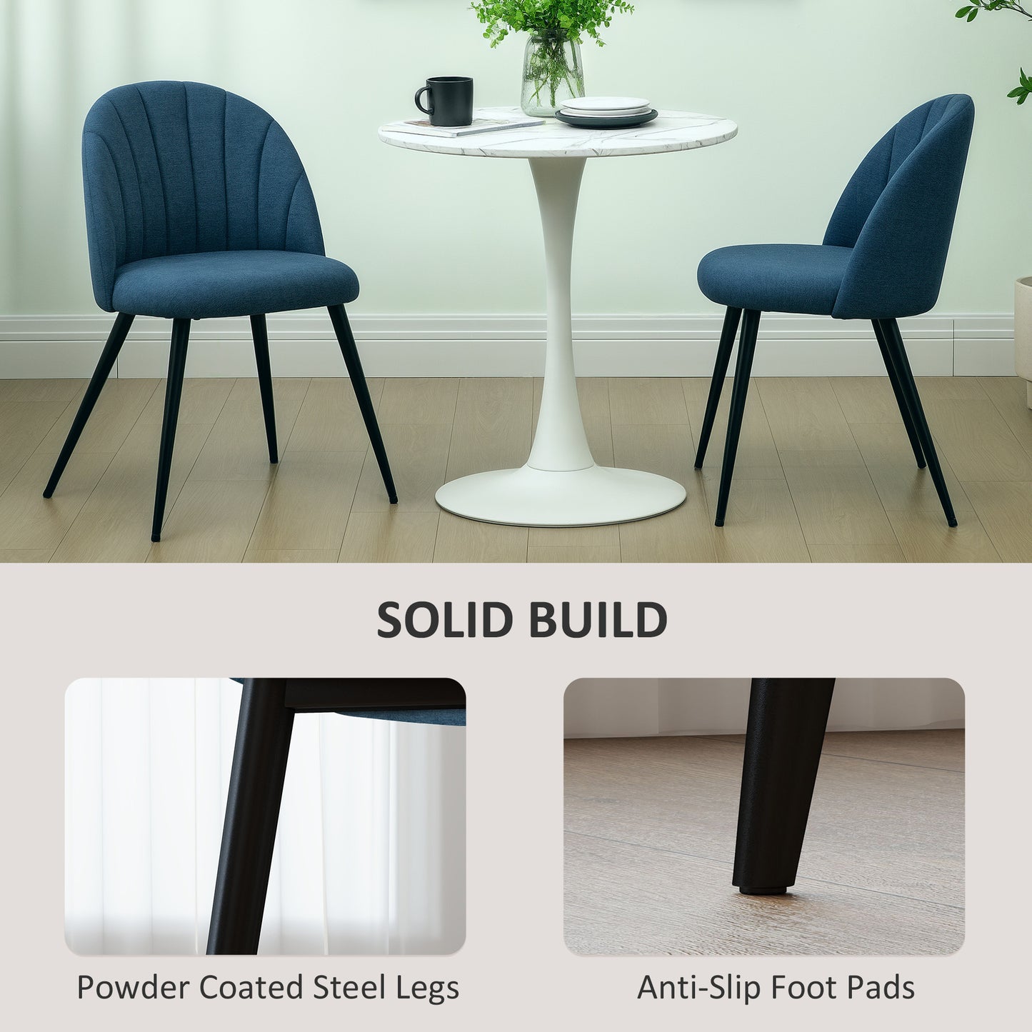 HOMCOM Velvet Dining Chairs Set of 2, Modern Upholstered, Metal Legs, Shell Backrest, Padded Seat for Dining Room, Bedroom, Living Room, Blue