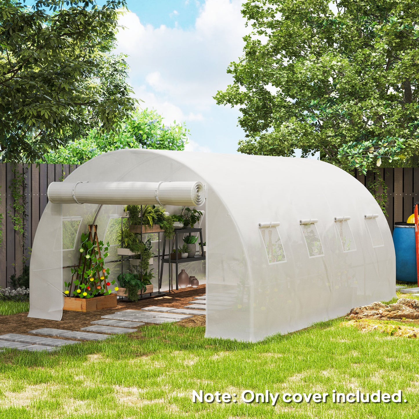 Outsunny Greenhouse Replacement Cover, 4x3x2m, for Tunnel Walk-in Greenhouse, Roll-up Windows/Door, Outdoor, PE Cover Only, White