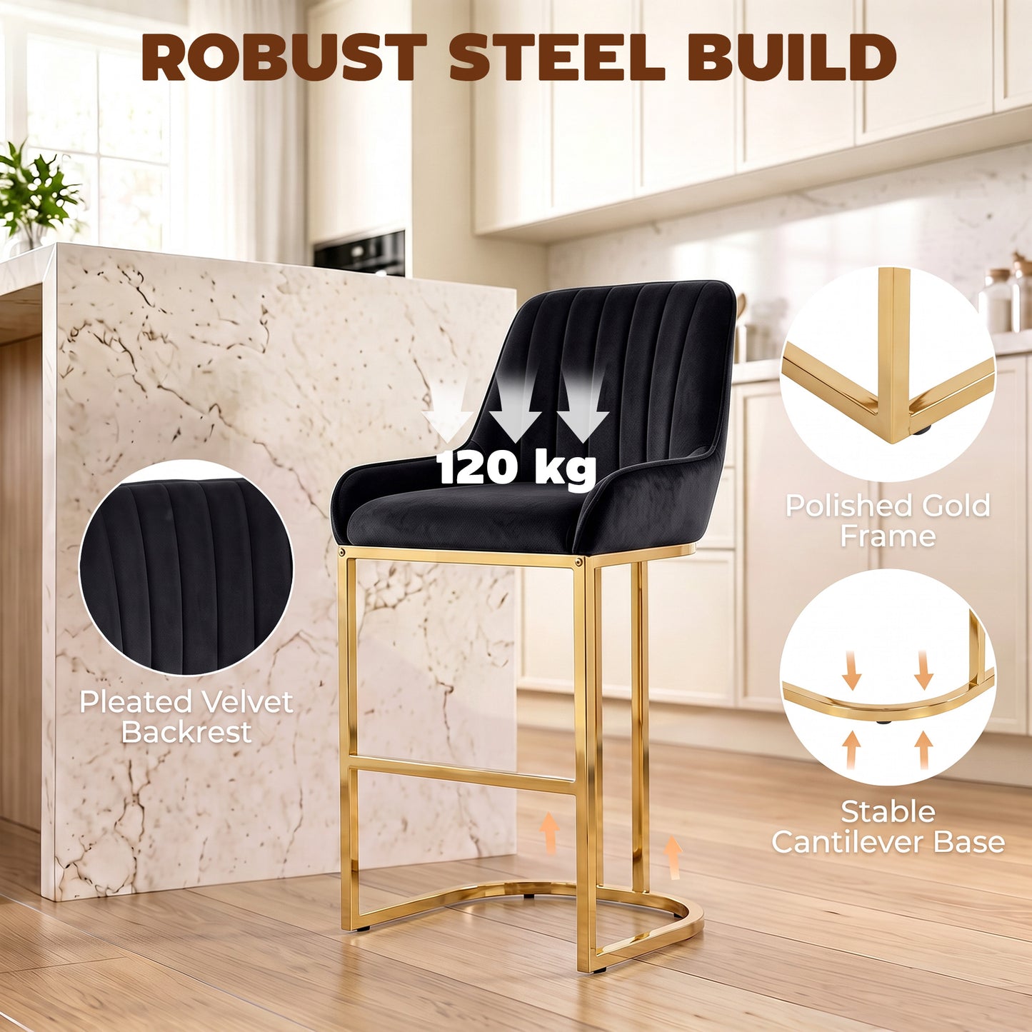 HOMCOM Bar Stools Set of 2 with Backrest, Footrest, Gold Electroplated Legs for Kitchen Island, Dining Room, Black