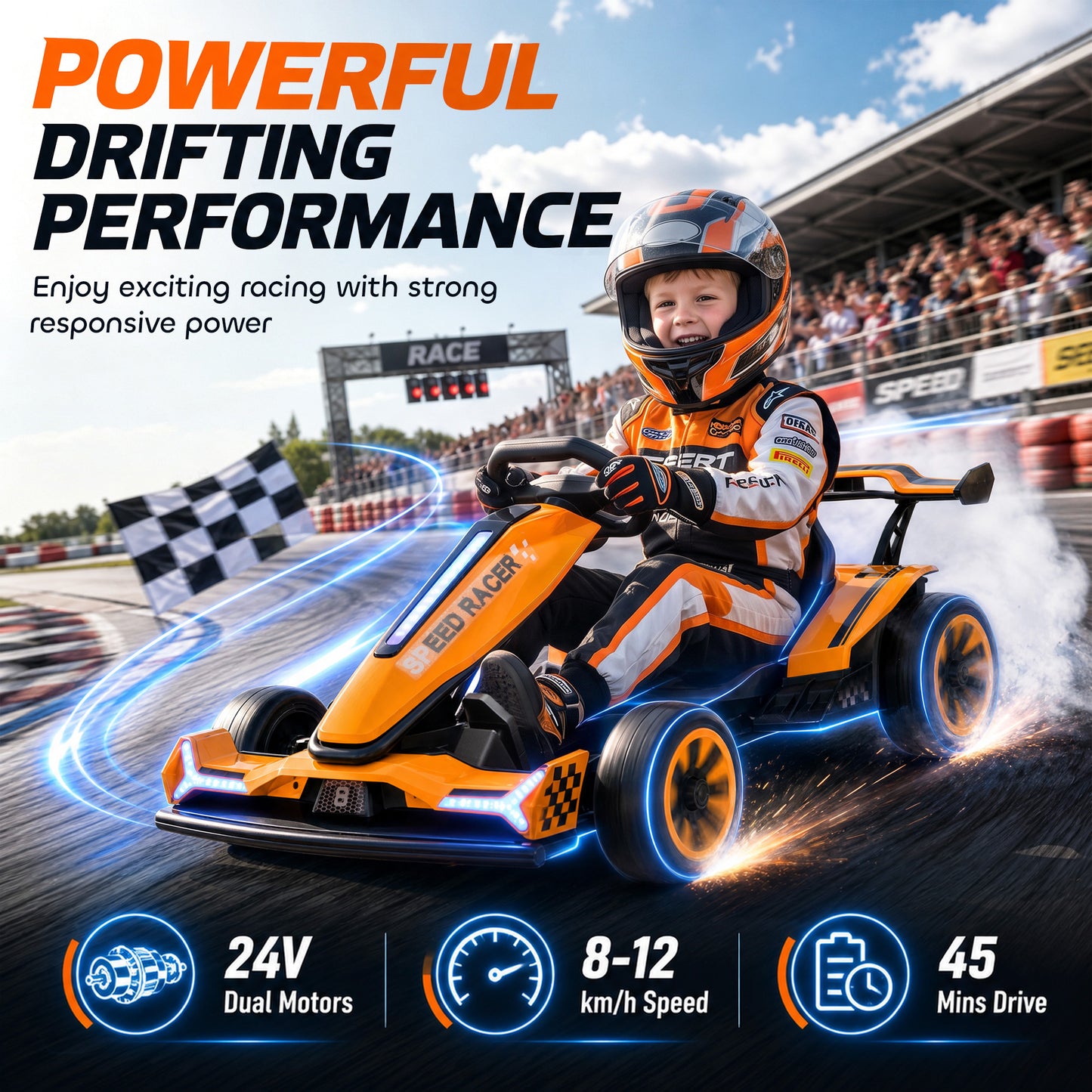 AIYAPLAY 24V Electric Go Kart for Kids 6-12 Years with Drift Mode, Adjustable Seat, 3 Speed, Slow Start, Orange