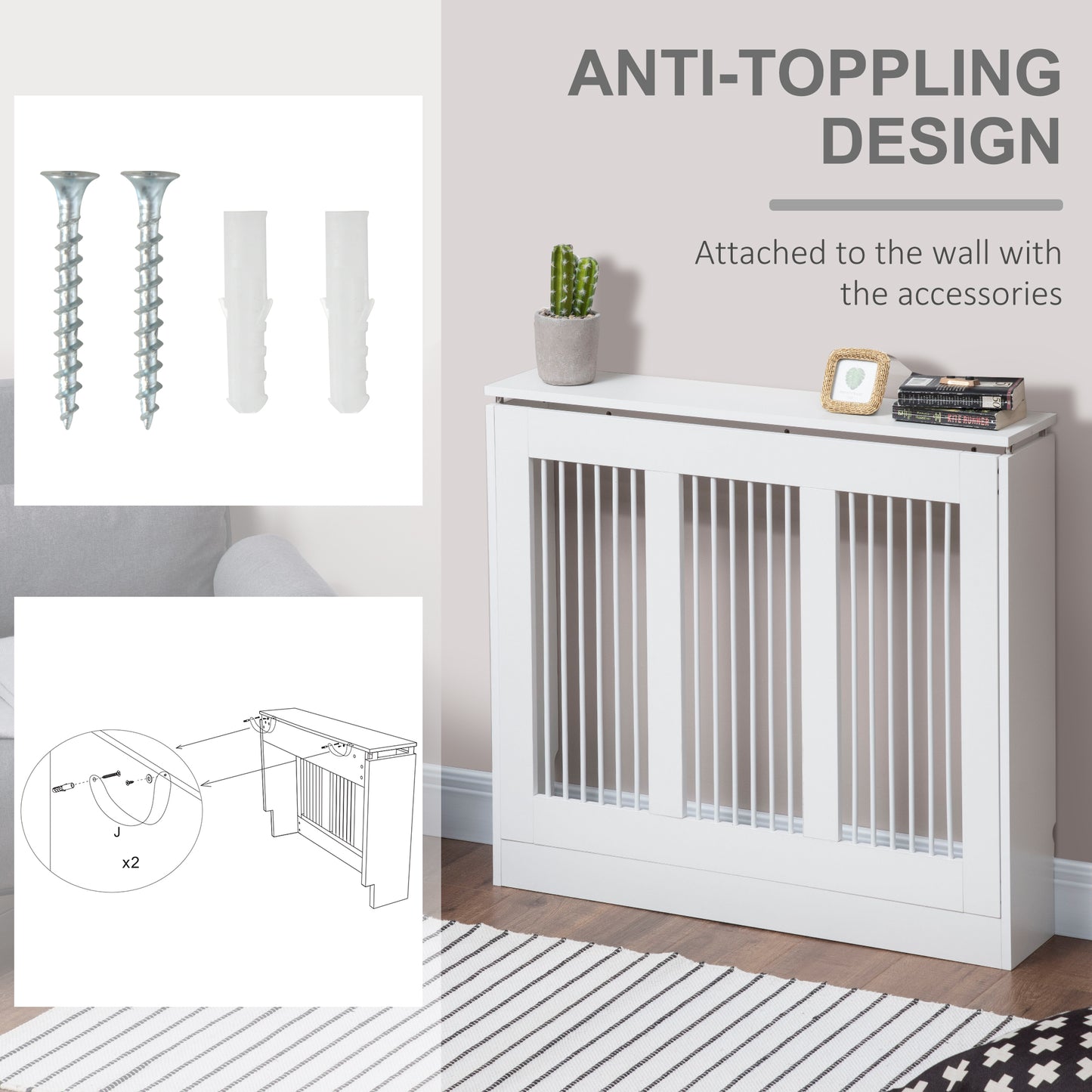 HOMCOM Radiator Cover Vertical Slatted Grille Heater Cover Top Shelf MDF Steel for Heat Circulation 90 x 18 x 84 cm White