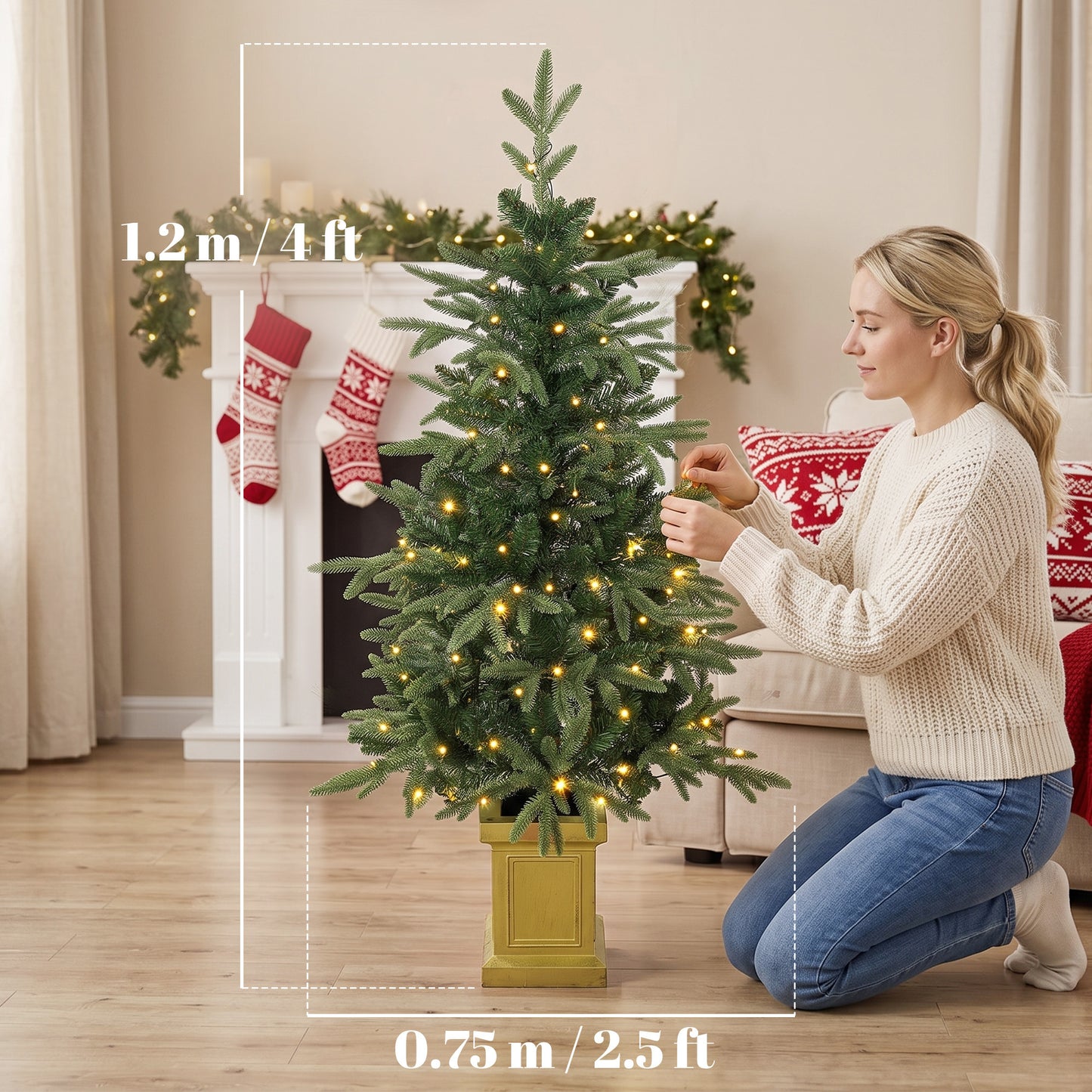 HOMCOM Set of 2 Prelit Christmas Trees with Dual-Colour LEDs, Remote, 4ft Artificial Aspen Fir Battery-Operated, 11 Modes, Pot