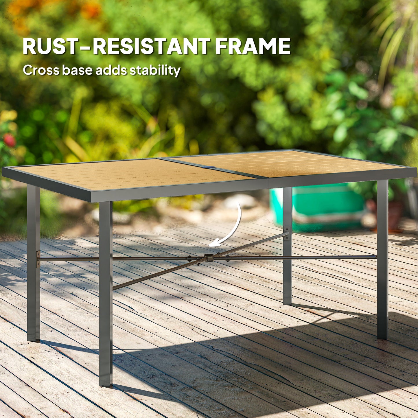 Outsunny Garden Table for 6, Outdoor Dining Table, Wood Effect Top, Rust Resistant Frame, 5cm Umbrella Hole, 150 x 90 cm, for Patio, Balcony, Terrace