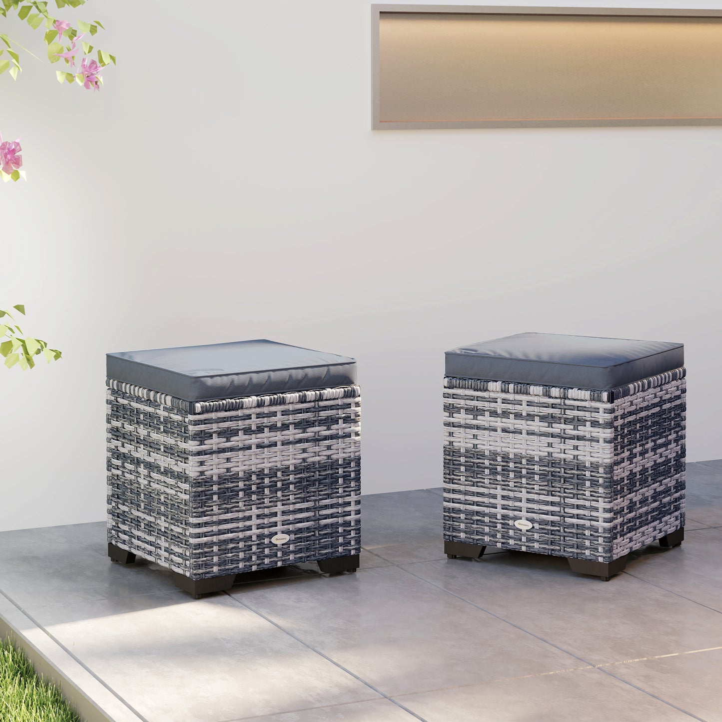 Outsunny Set of 2 Rattan Storage Ottomans, Outdoor Footstools with Removable Cushions for Garden, Balcony, or Living Room, Dark Grey