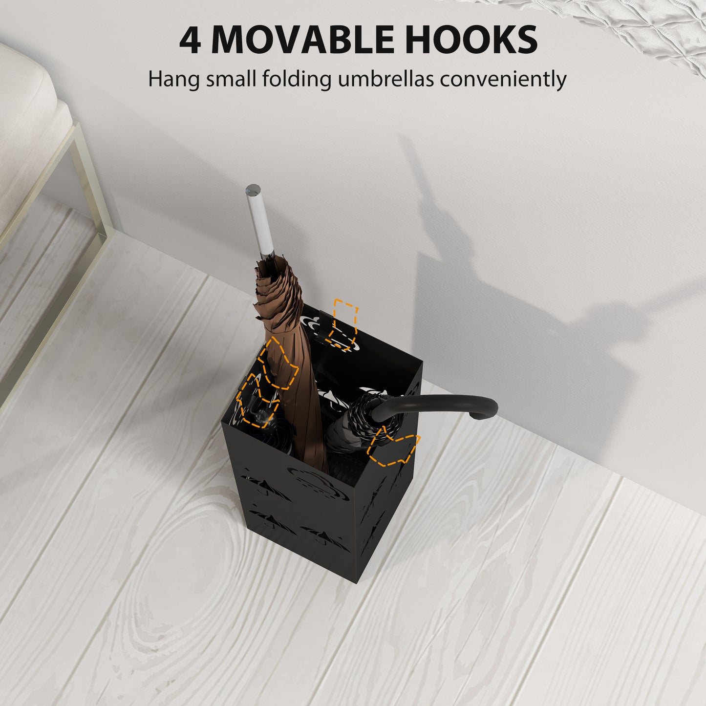 HOMCOM Metal Umbrella Stand, Square Holder with Drip Tray & 4 Hooks, Decorative Rack for Hallway/Entryway, 15.5x15.5x41 cm, Black