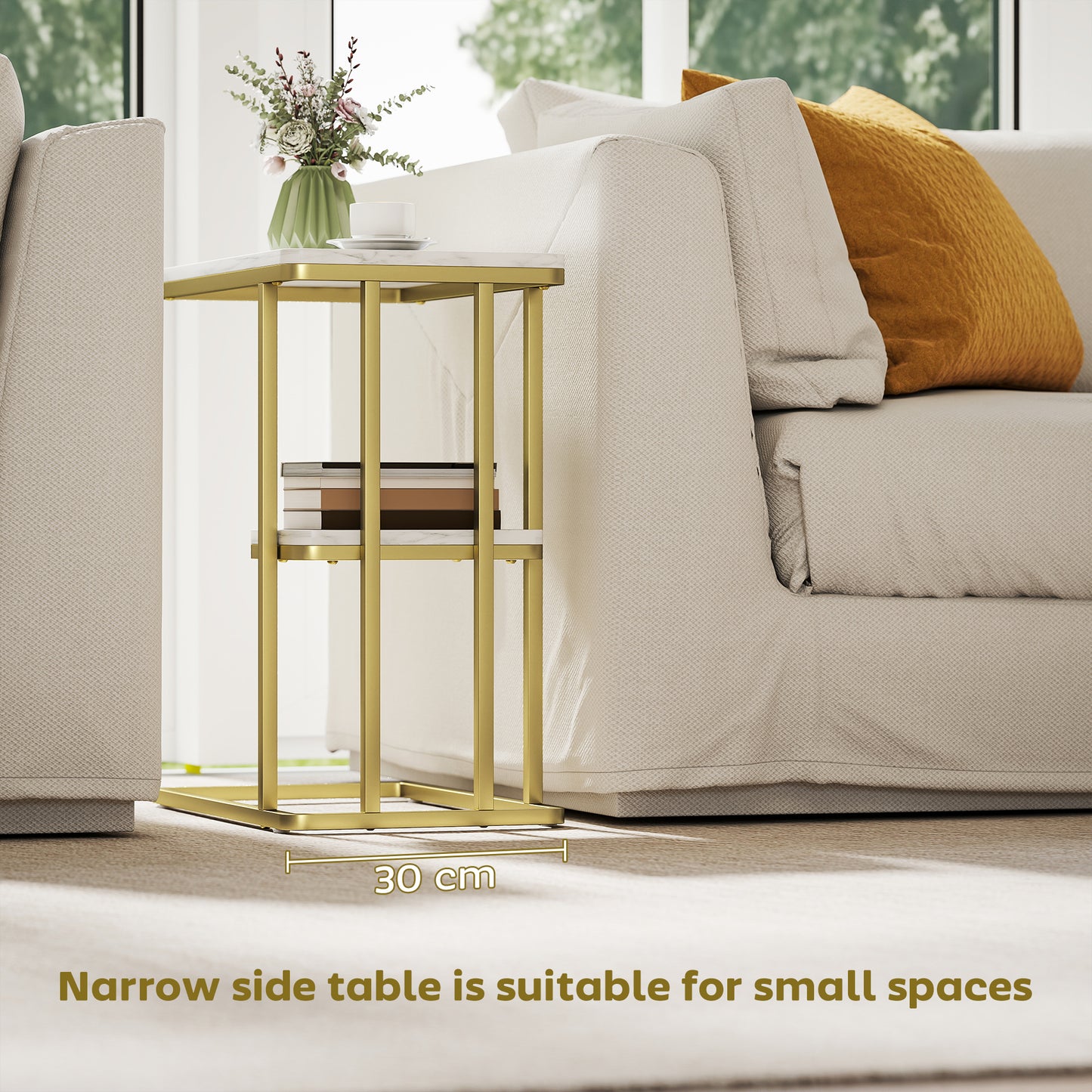 HOMCOM C-Shaped Narrow Side Table, 2-Tier Slim End Table, Nightstand White Marble Grain