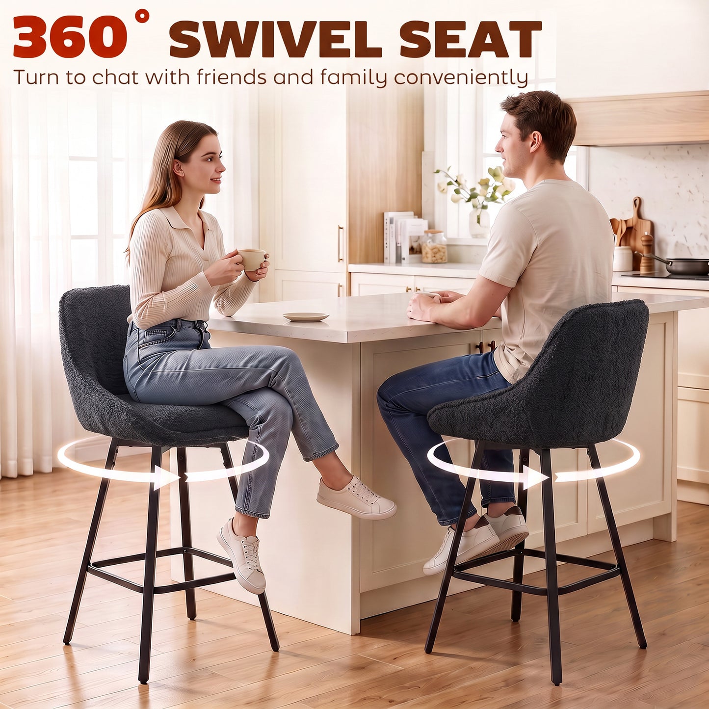 HOMCOM Bar Stools Set of 2, 64 cm Modern Linen-Touch Fabric 360° Swivel Counter Height Bar Chairs, Black