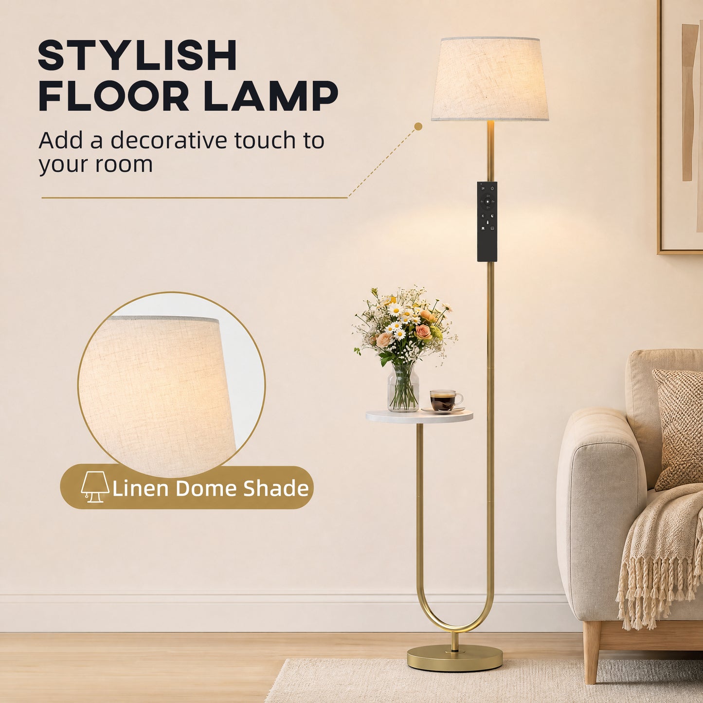 HOMCOM Modern Floor Lamp with Shelf, Dimmable Floor Lamp with Linen Shade, RF Remote and Foot Switch for Living Room, Gold Tone