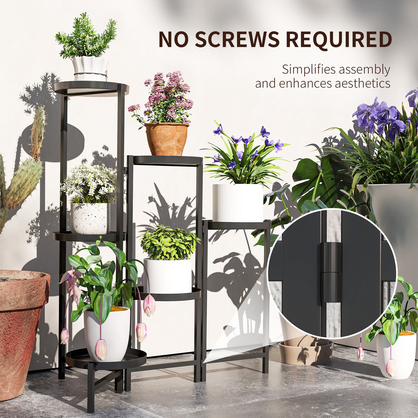 Outsunny 3 Tier Indoor Outdoor Foldable Corner Plant Stand, Metal Round Flower Pot Holder, Black