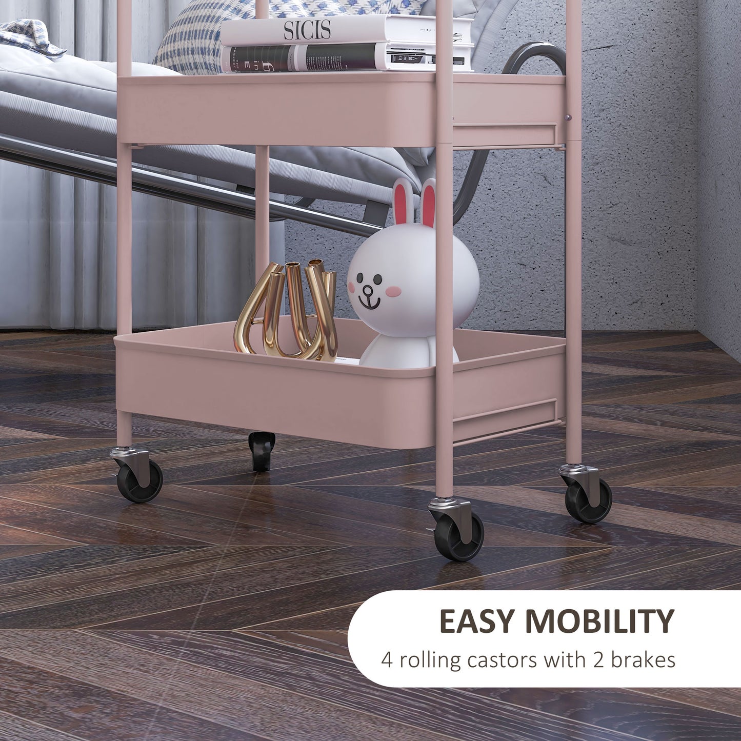 HOMCOM 3-tier Storage Trolley on Wheels, Metal Storage Cart, Rolling Ultility Cart with 3 Mesh Baskets for Living Room, Kitchen, Pink