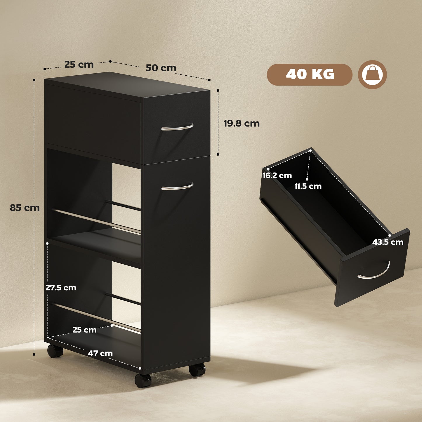 HOMCOM Kitchen serving cart on casters with 1 drawer and 2 open shelves for dining room 25 x 50 x 85 cm Black