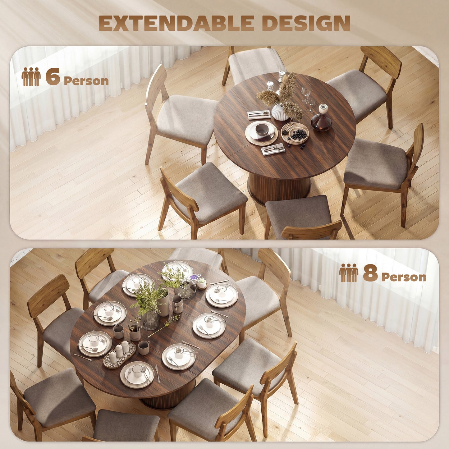 HOMCOM Extendable Round Dining Table Kitchen Table Hidden Leaf Storage Pedestal Base Seats 6-8 110-150 cm Dark Walnut
