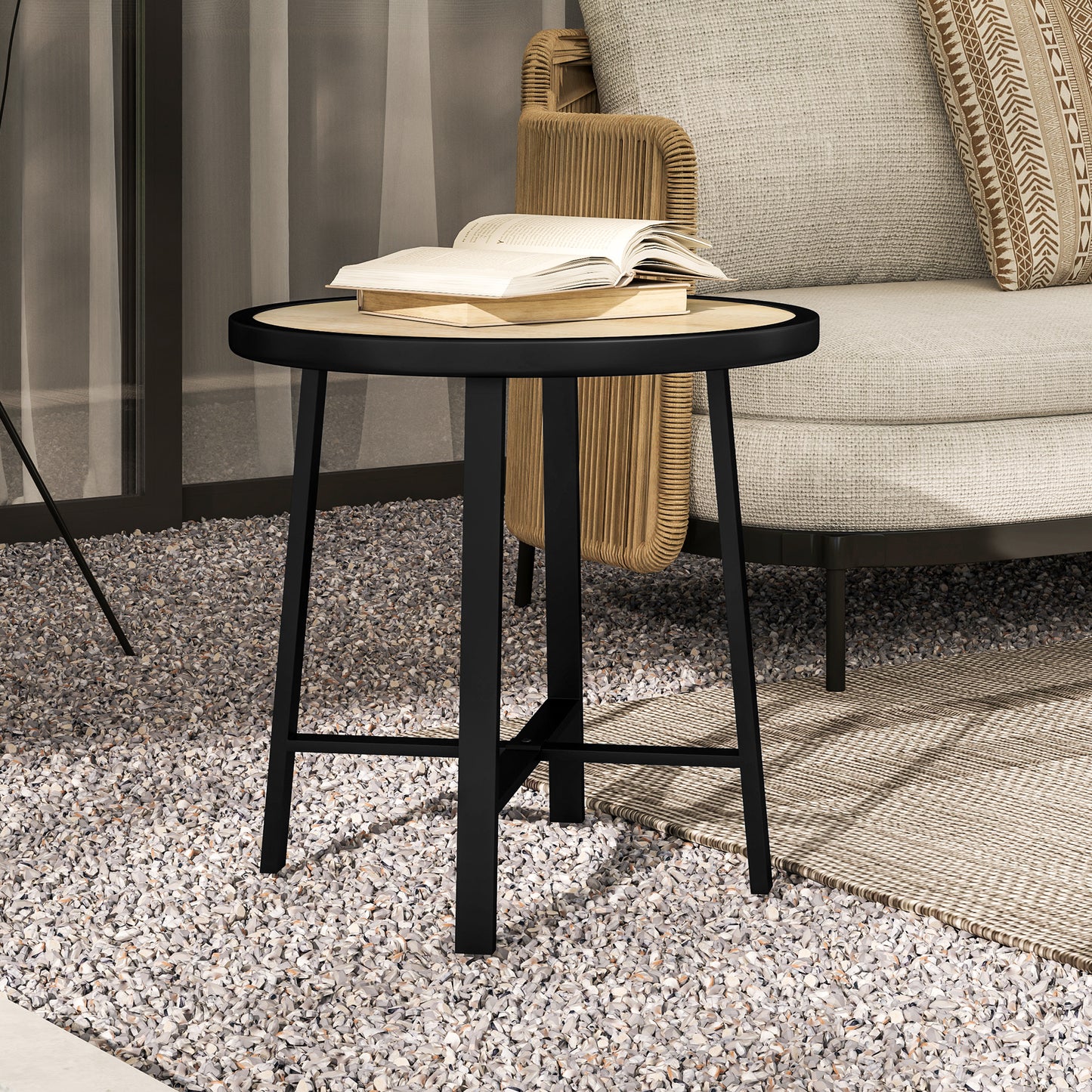 Outsunny Round Small Garden Table, 50.5cm Outdoor Side Table with SPC Tabletop, Metal Frame, Anti-slip Feet for Garden, Balcony, Wood Finish