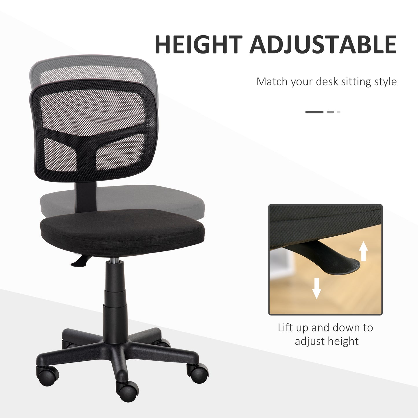 Vinsetto Ergonomic Swivel Mesh Desk Chair, Armless, Curved Back, Height Adjustable, Wheels, 120 kg Capacity, for Home Office, Black.