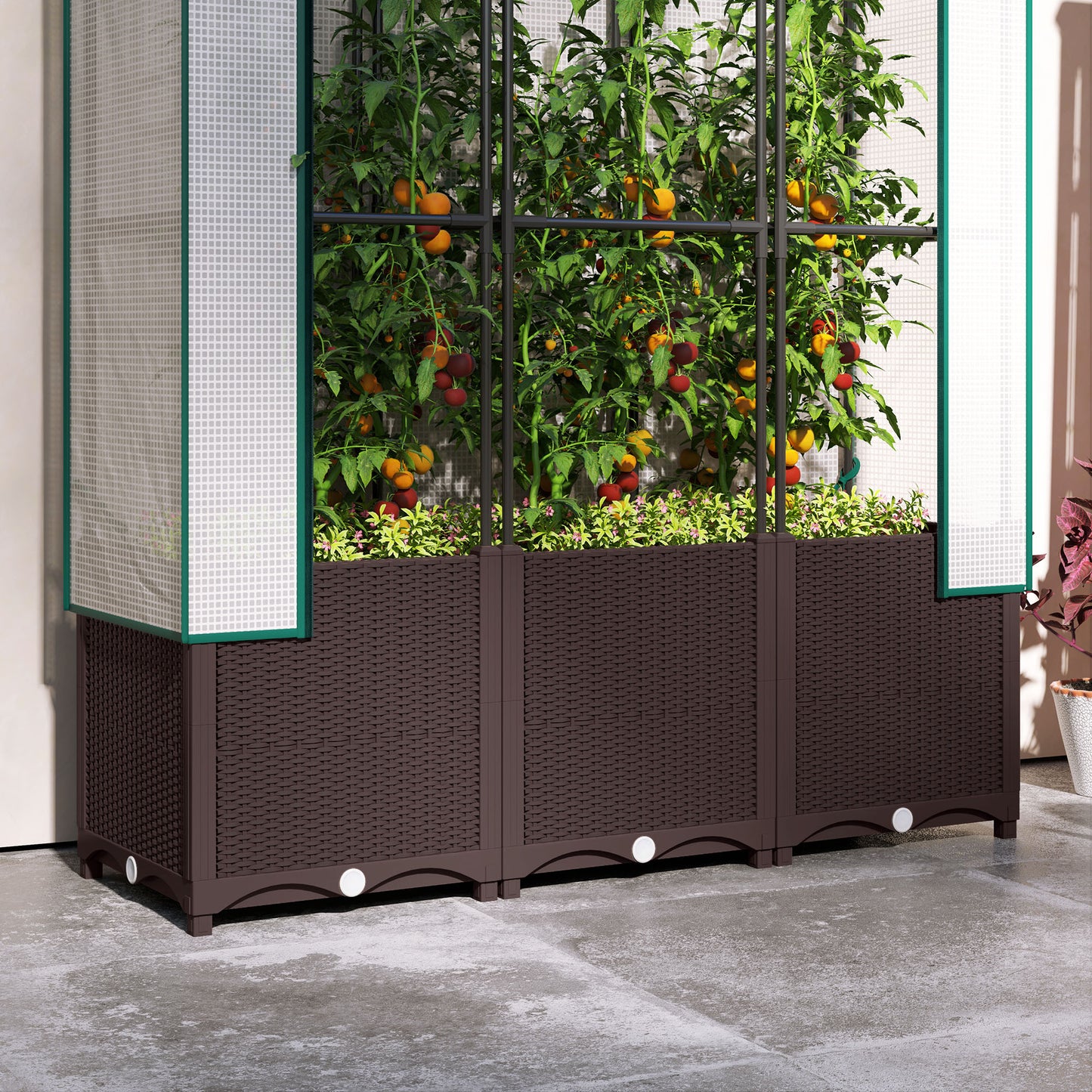 Outsunny Raised Garden Bed with Trellis, Plastic Planter Box with Drainage for Plants, 120 x 40 x 140 cm