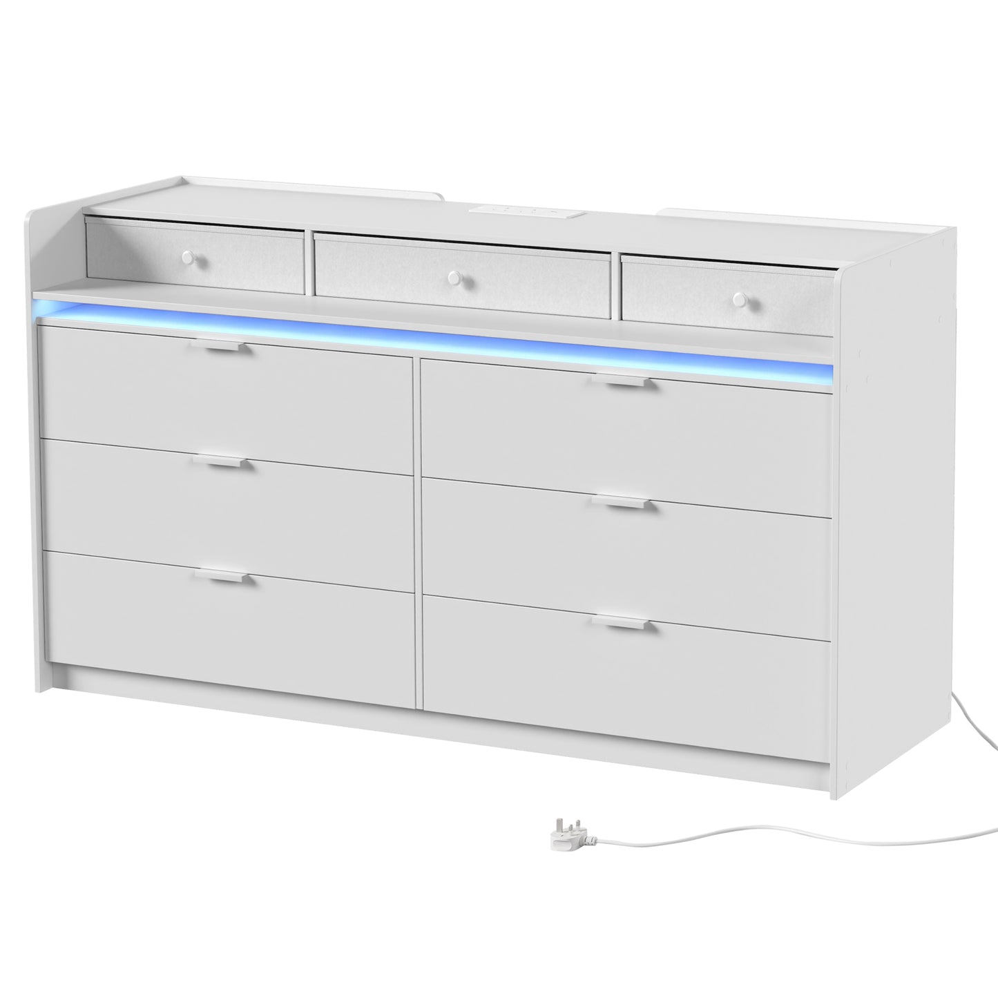 HOMCOM Chest of Drawers for Bedroom with LED Light & Charging Station, 9 Drawers Storage Unit/TV Stand, White