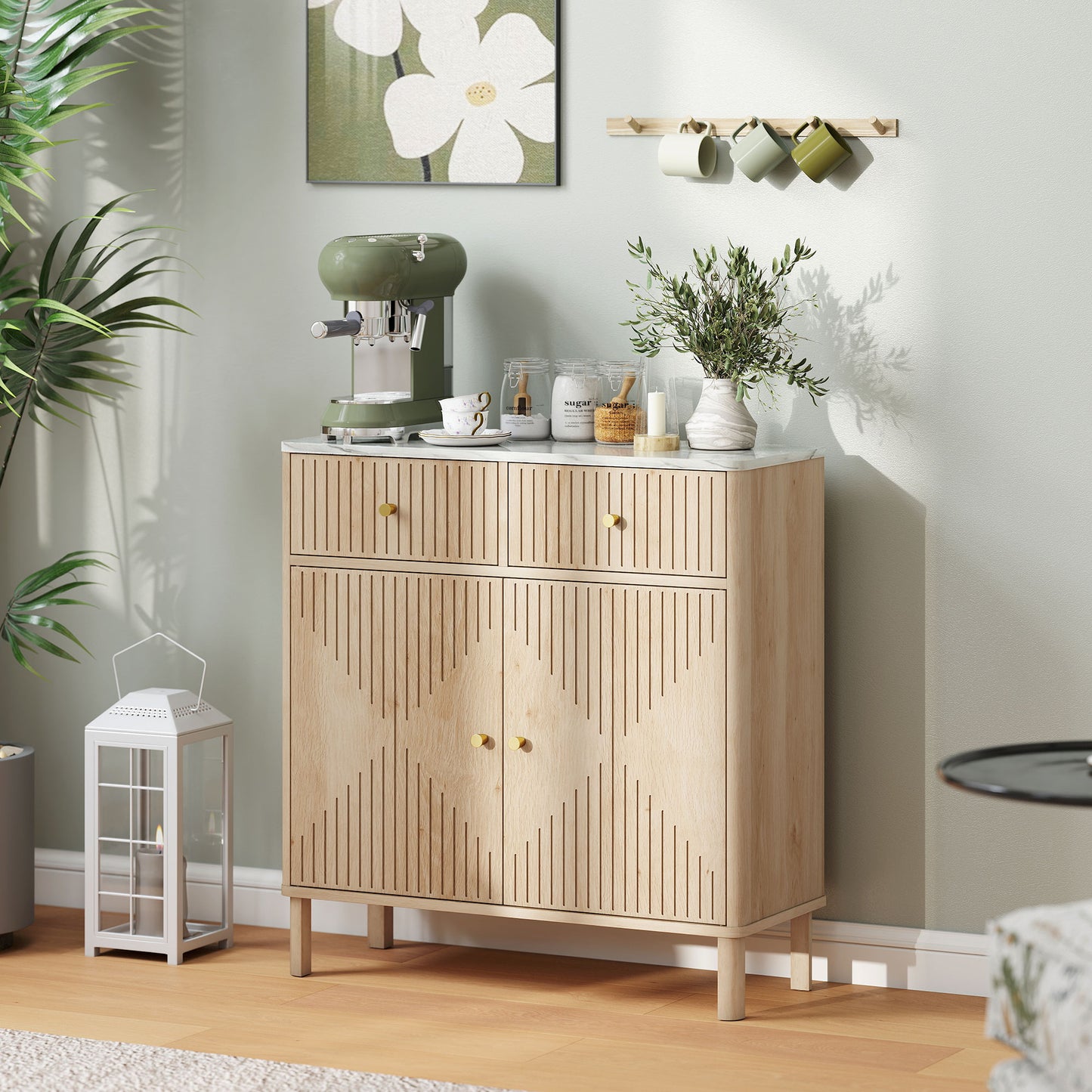 HOMCOM Sideboard Storage Cabinet, Fluted Kitchen Cupboard with Marble-Effect Top, 2 Drawers, 2 Doors and Adjustable Shelf, Oak