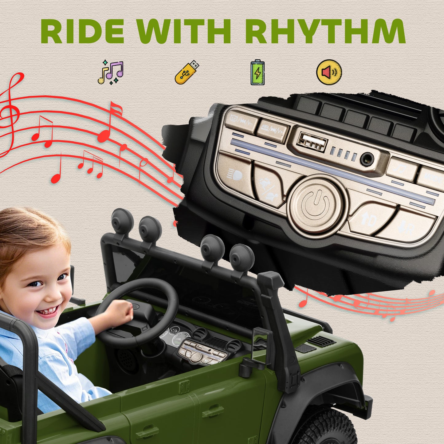 AIYAPLAY Kids Ride On Car with Remote Control, Music, Horn, 4 Spring Suspension Wheels, LED Lights for 3-5 Years Old, Green